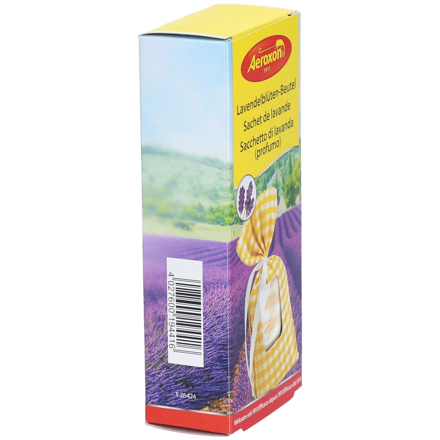 Zijaanzicht van de verpakking van Aeroxon® Lavendelblüten-Beutel. Barcode en lavendelveld-motief.
