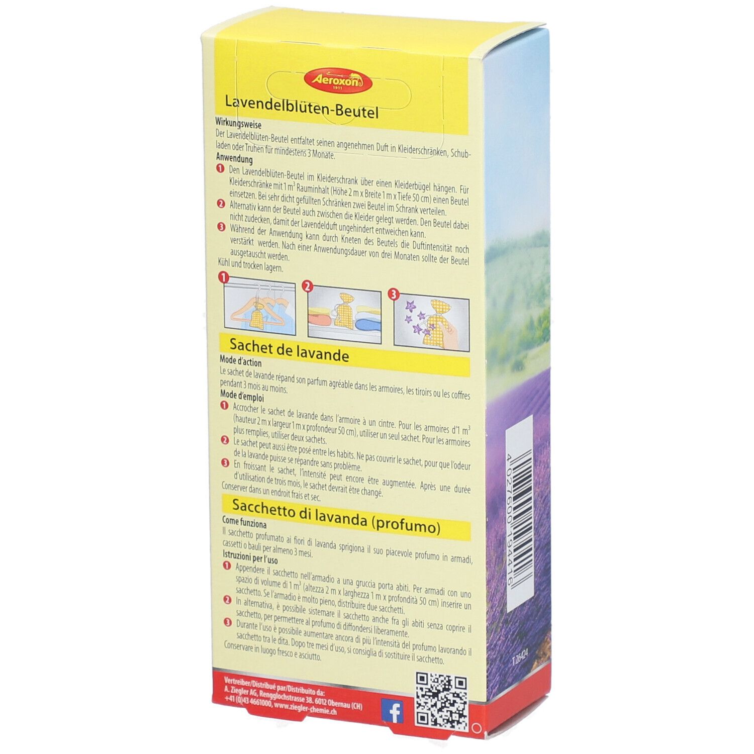 Achterkant van de verpakking van Aeroxon® Lavendelblüten-Beutel. Productinformatie en instructies in het Duits, Frans en Italiaans.