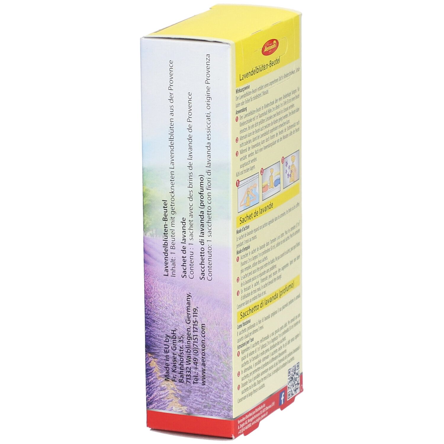 Zijaanzicht van de verpakking van Aeroxon® Lavendelblüten-Beutel. Productinformatie en fabrikantgegevens.