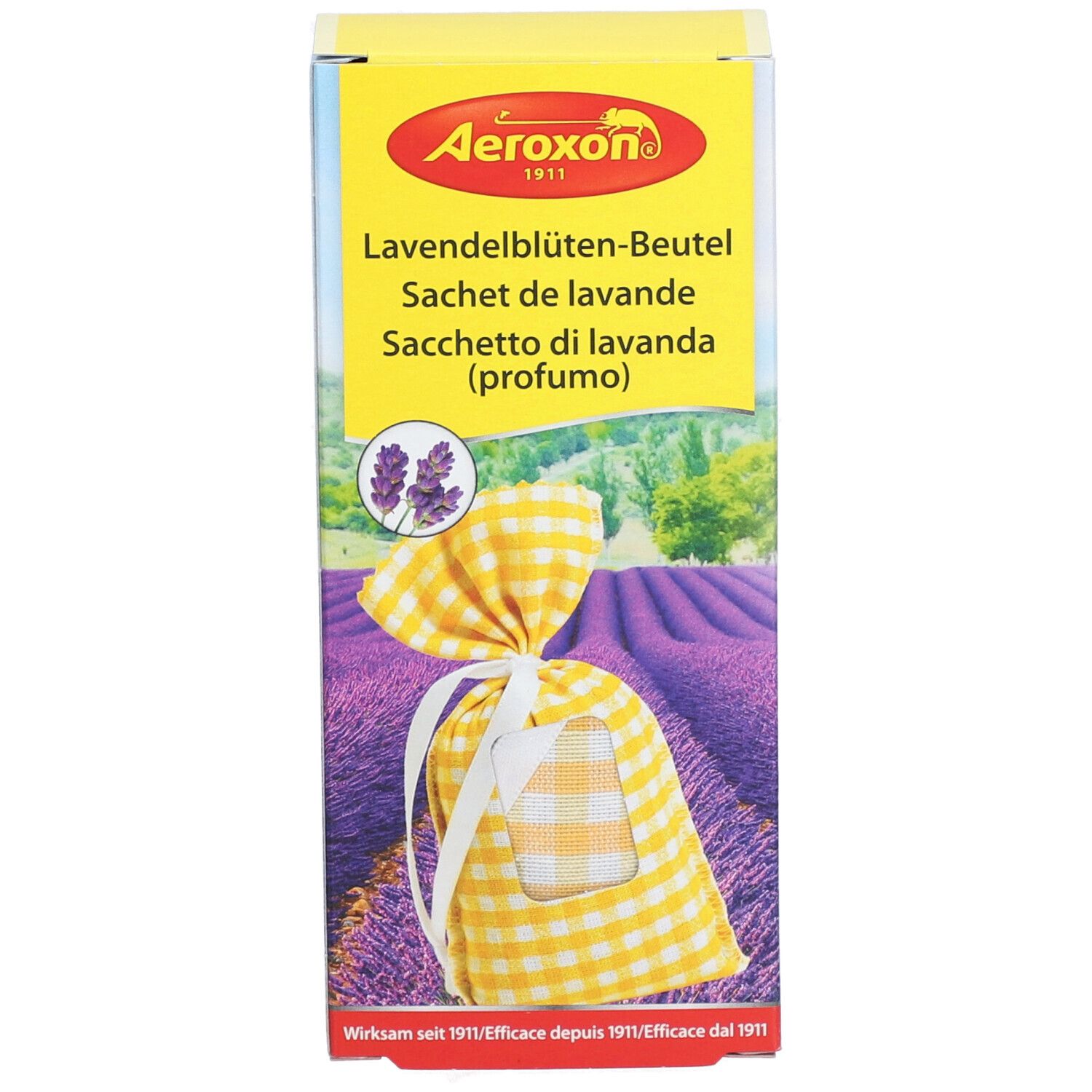 Vooraanzicht van de verpakking van Aeroxon® Lavendelblüten-Beutel. Productafbeelding en lavendelveld.