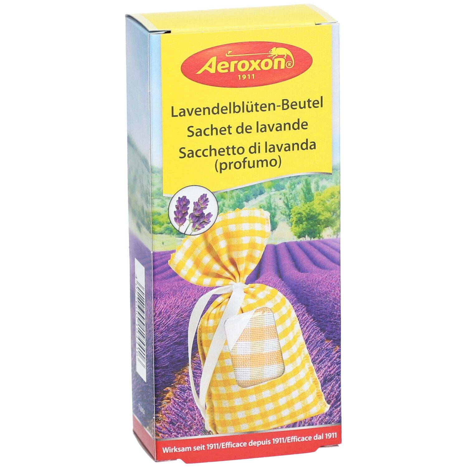 Vooraanzicht van de verpakking van Aeroxon® Lavendelblüten-Beutel. Productafbeelding en lavendelveld.