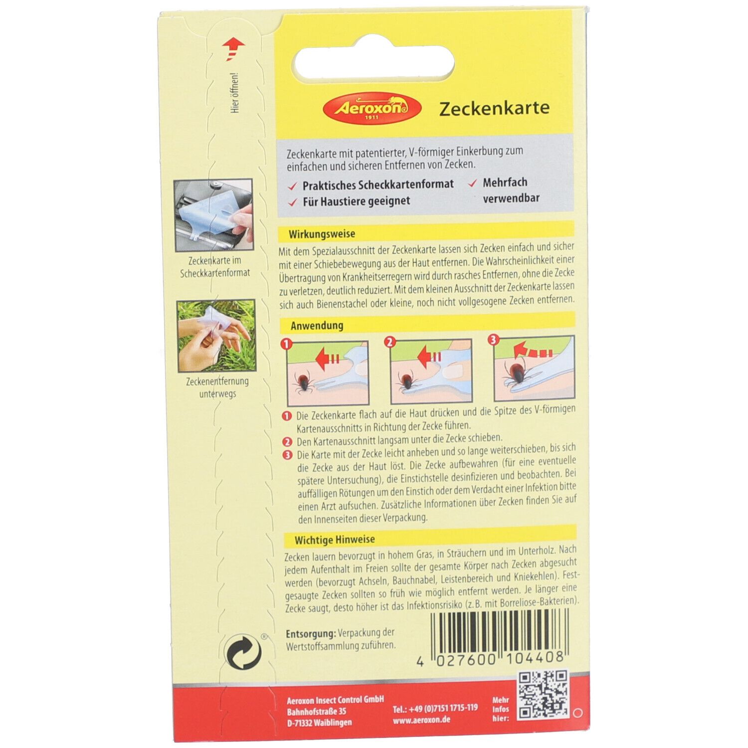 Rückseite der Zeckenkarte-Verpackung. Text und Illustrationen zur Anwendung. Enthält Informationen zur Entsorgung.