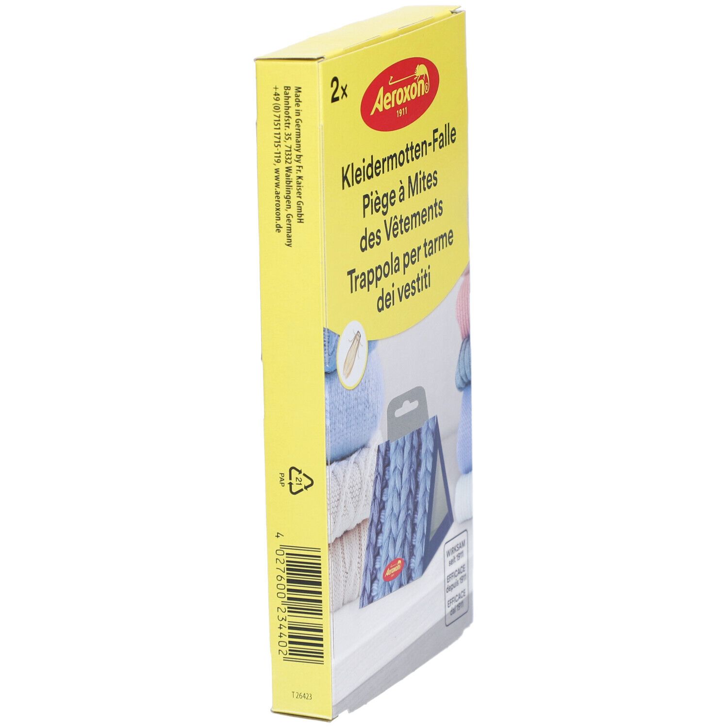 Gelbe Schachtel, AEROXON Kleidermotten-Falle. Seitenansicht. Text in Deutsch, Französisch, Italienisch. 2 Stück.