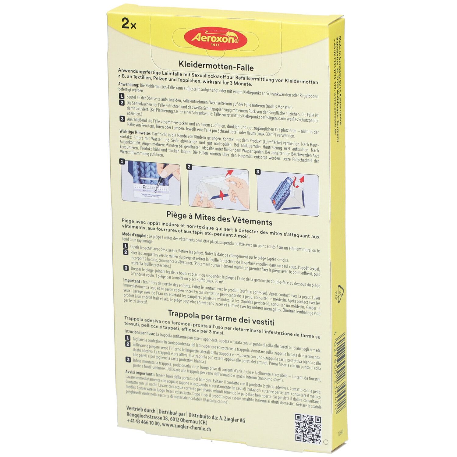 Rückseite der gelben Schachtel. Text in Deutsch, Französisch, Italienisch. Anwendungshinweise und Piktogramme.