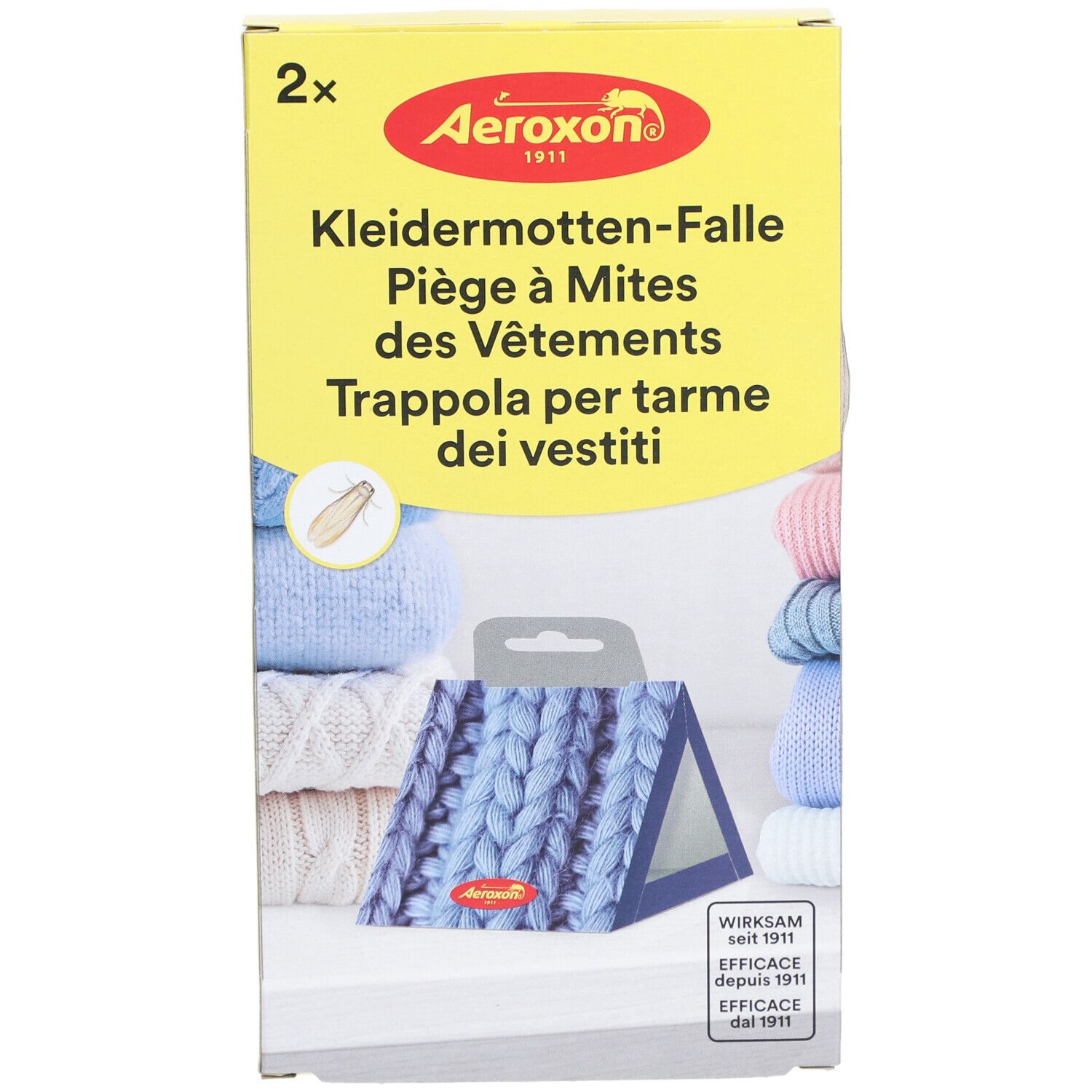 Gelbe Schachtel mit AEROXON Kleidermotten-Falle. Text in Deutsch, Französisch, Italienisch. 2 Stück.