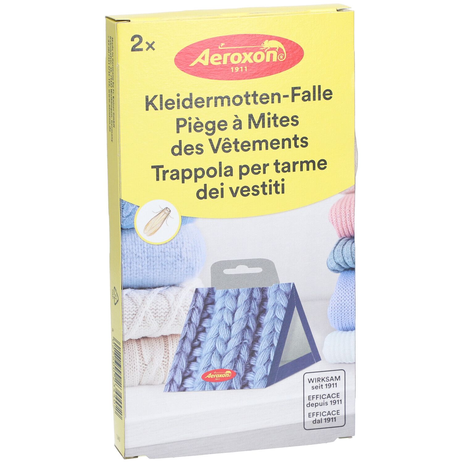 Gelbe Schachtel mit AEROXON Kleidermotten-Falle. Text in Deutsch, Französisch, Italienisch. 2 Stück.