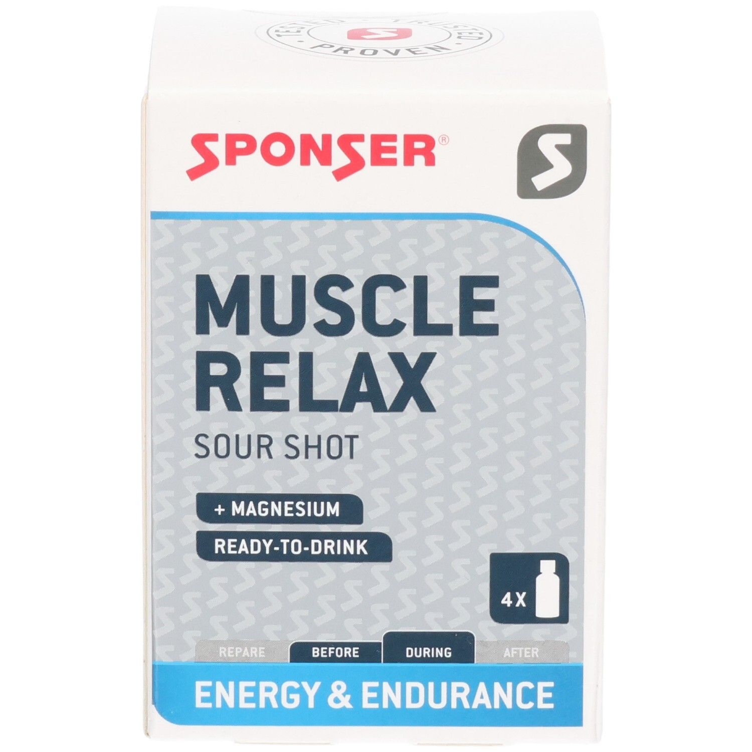 Weiße Verpackung mit Produktnamen MUSCLE RELAX. Enthält 'Sour Shot' und 'Magnesium'. 4 Flaschen abgebildet. Marke SPONSER.