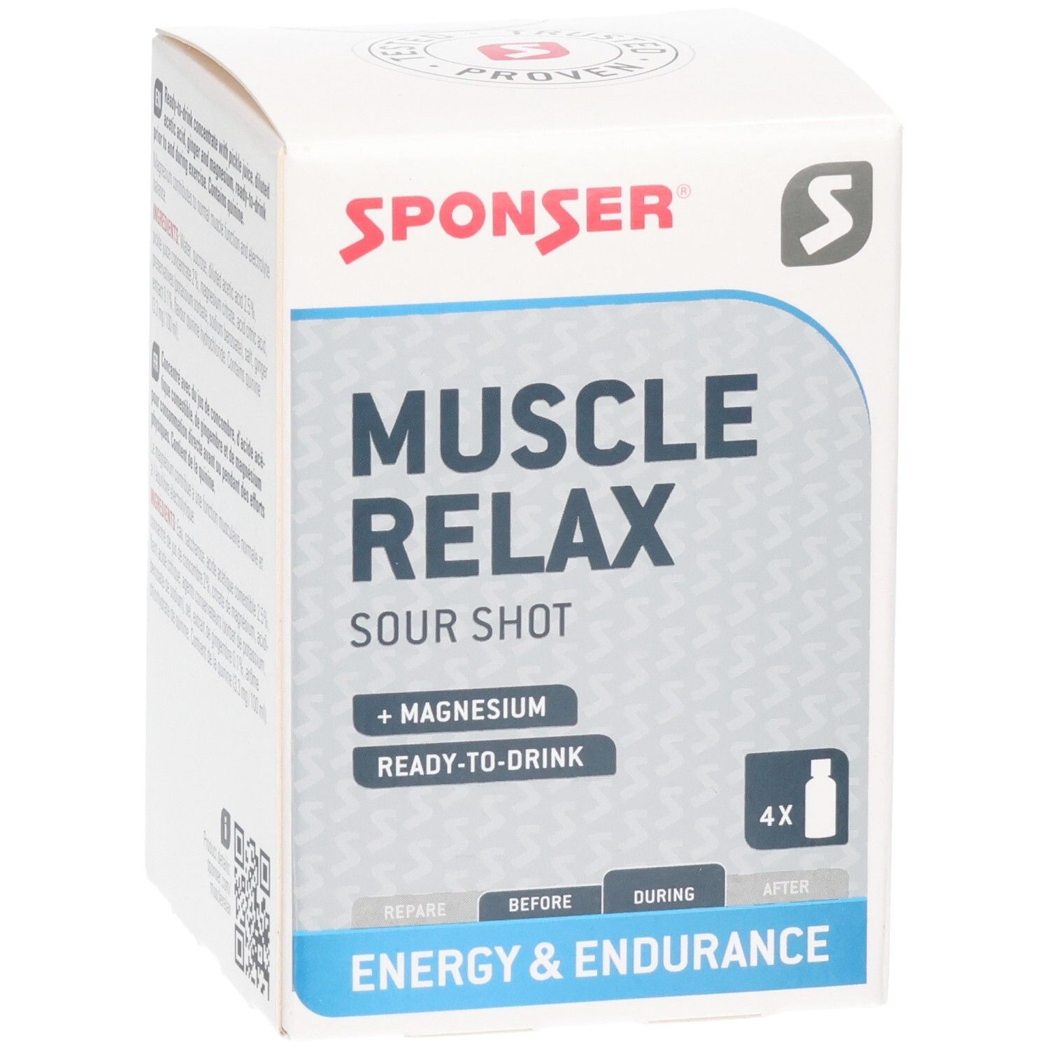 Weiße Verpackung mit Produktnamen MUSCLE RELAX. Enthält 'Sour Shot' und 'Magnesium'. 4 Flaschen abgebildet. Marke SPONSER.
