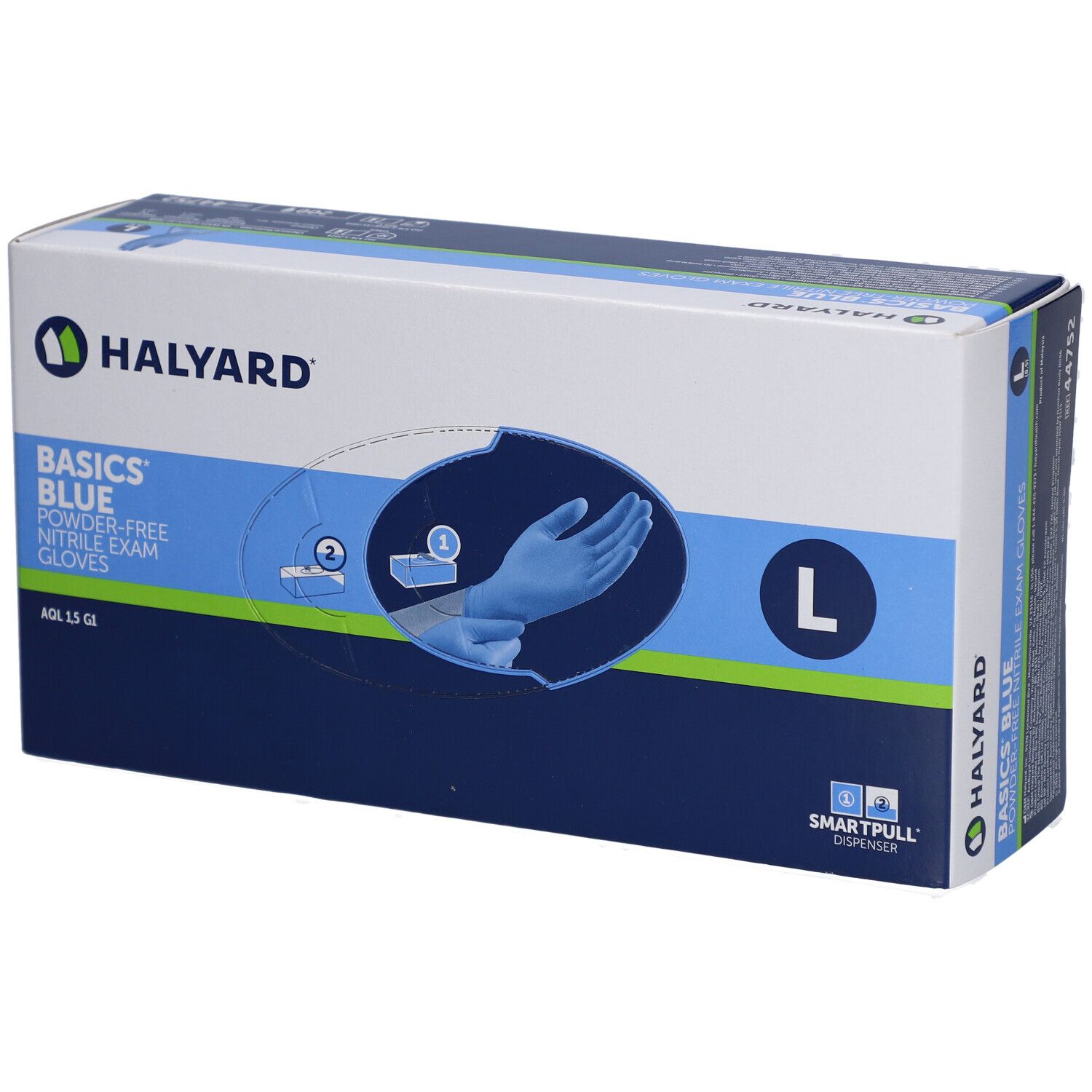 Boîte de gants d'examen en nitrile bleu Halyard Basics, taille L. Distributeur Smartpull. Gants bleus.