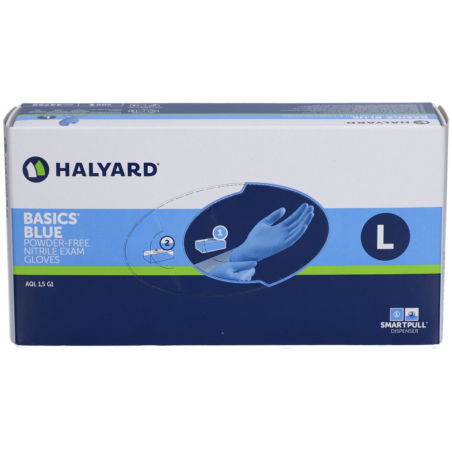 Boîte de gants d'examen en nitrile bleu Halyard Basics, taille L. Distributeur Smartpull. Gants bleus.