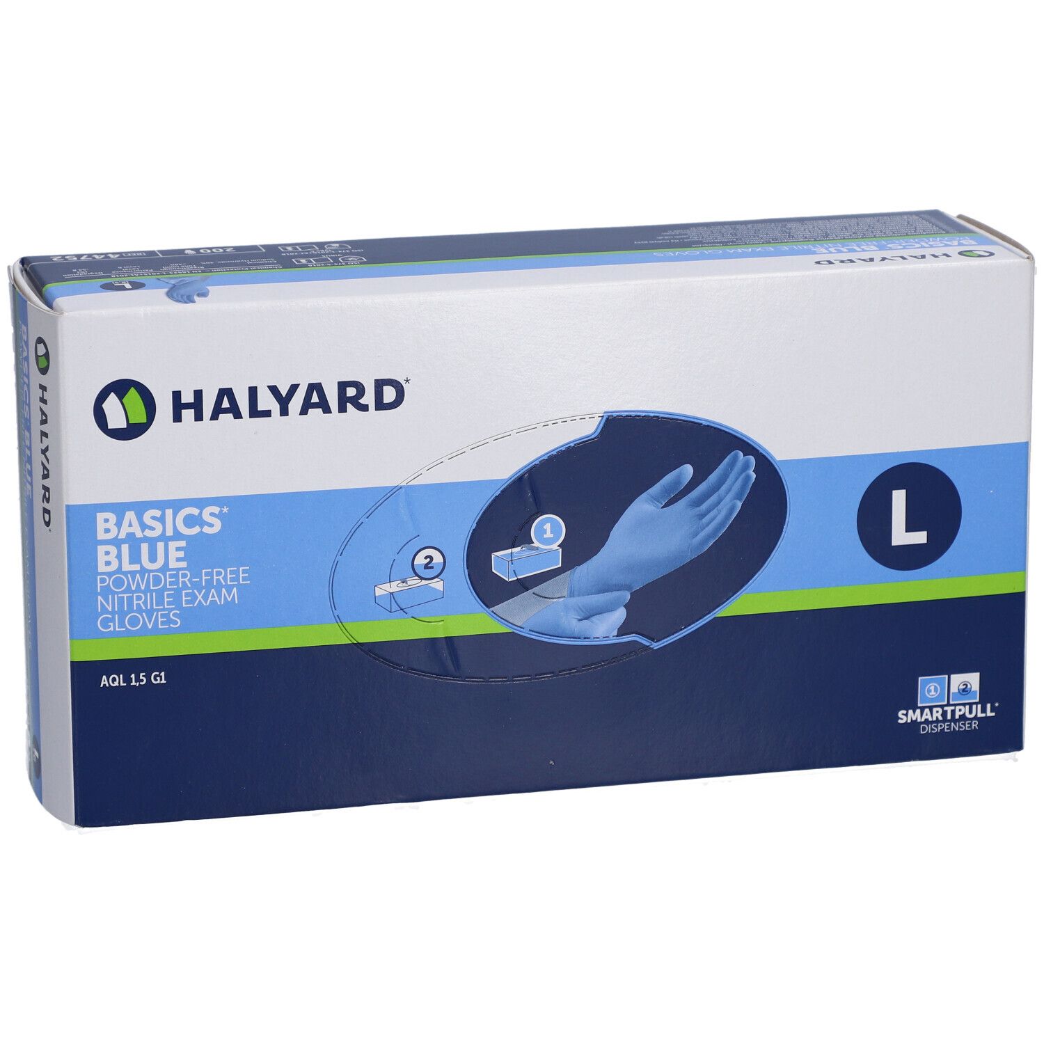 Boîte de gants d'examen en nitrile bleu Halyard Basics, taille L. Distributeur Smartpull. Gants bleus.