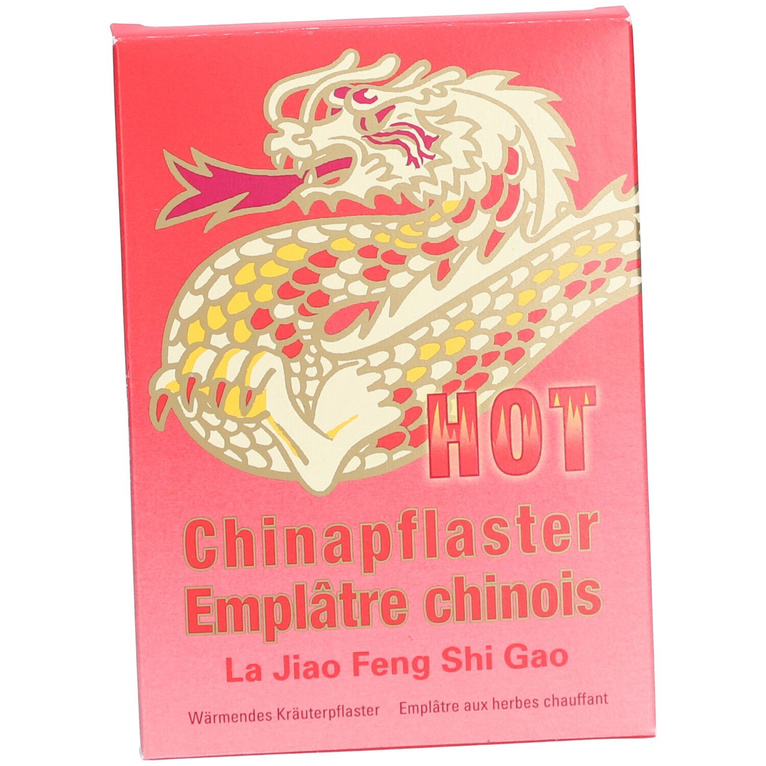 Rote Verpackung mit goldenem Drachen-Design und Schriftzug "HOT Chinapflaster".