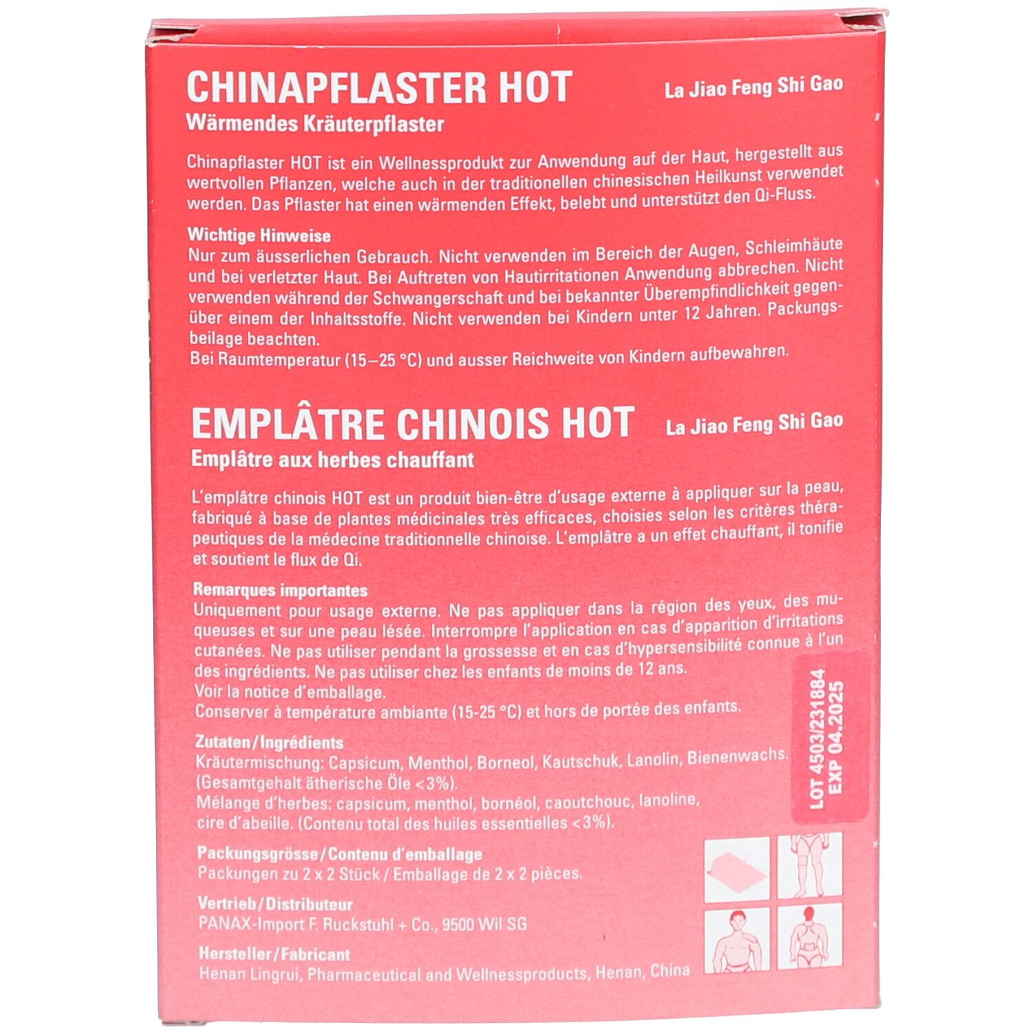Rückseite der Verpackung mit Text in Deutsch und Französisch, Inhaltsstoffe und Herstellerangaben.
