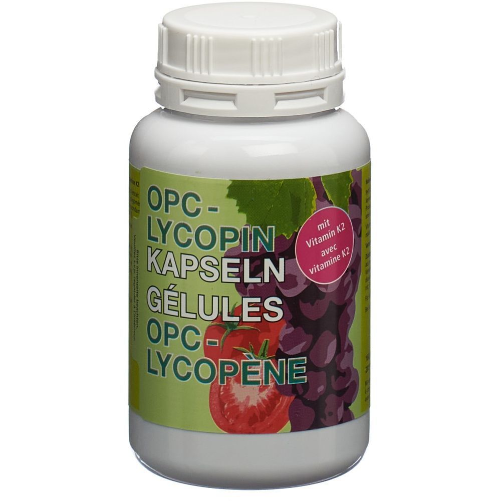 Weiße Flasche mit Kapseln. Aufschrift: OPC-LYCOPIN KAPSELN, GÉLULES, OPC-LYCOPÈNE. Abbildung von Trauben und Tomate.