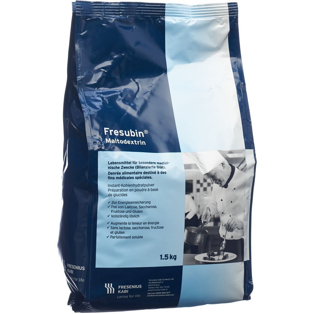 Blauer Beutel mit FRESUBIN Maltodextrin. Aufschrift: Instant-Kohlenhydratpulver. 1,5 kg. Frei von Laktose, Saccharose, Fruktose und Gluten.