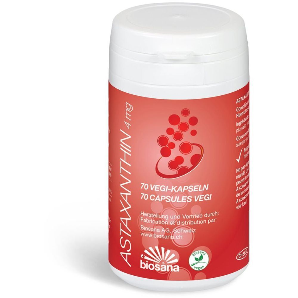 Weiße Dose mit rotem Etikett. Aufschrift: Astaxanthin 4 mg, 70 Vegi-Kapseln. Marke: biosana.