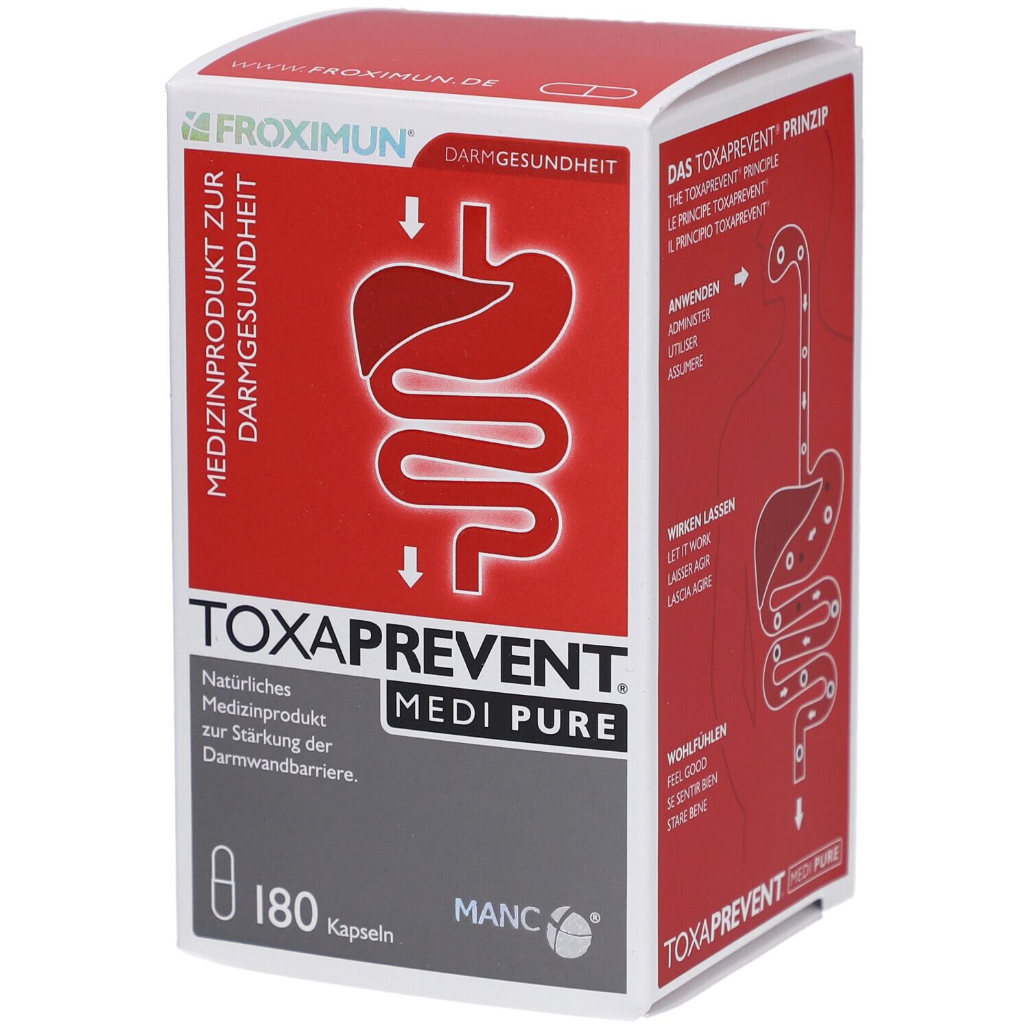 Karton mit TOXAPREVENT MEDI PURE. Rote und weiße Verpackung mit Produktinformationen und 180 Kapseln.