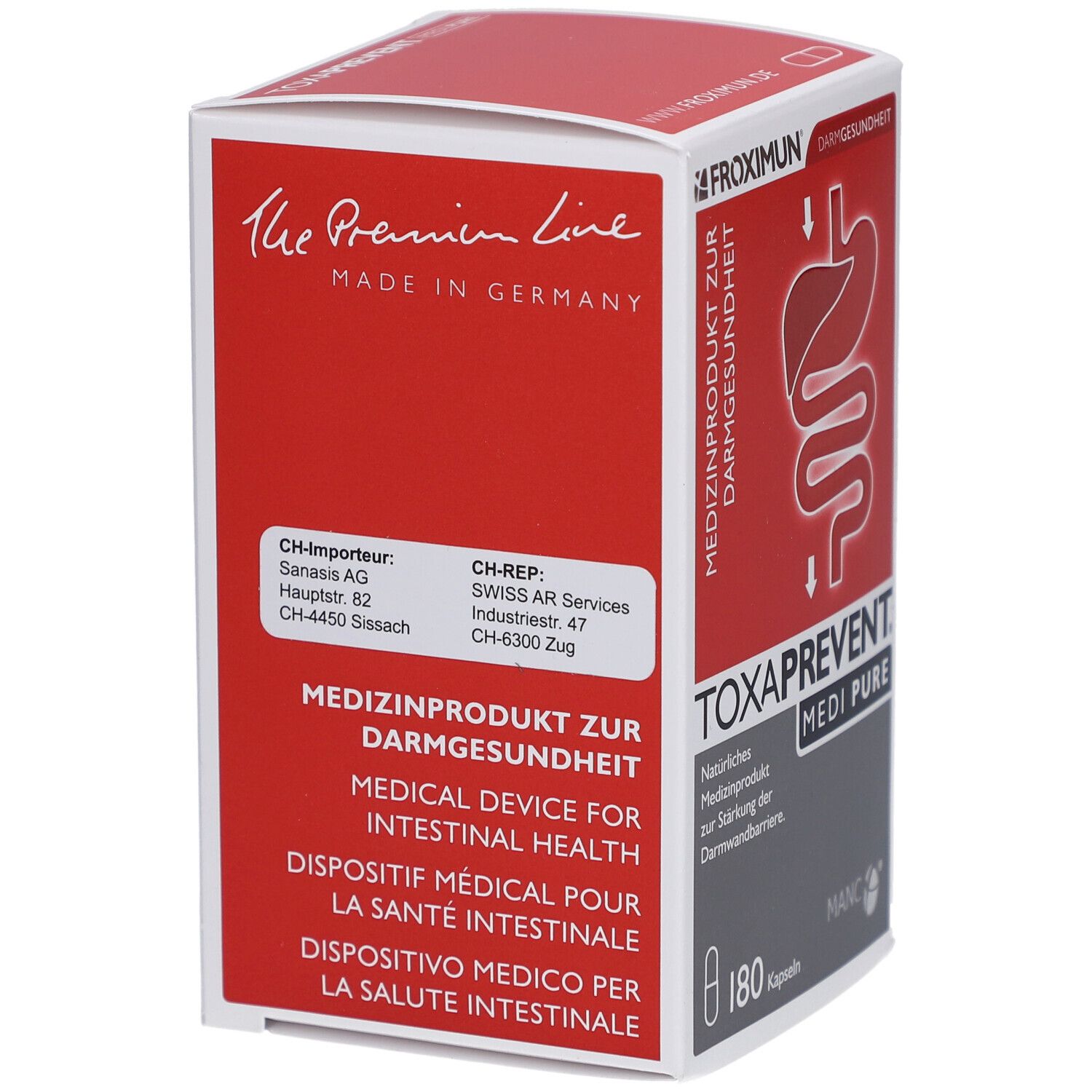 Karton TOXAPREVENT MEDI PURE. Rote und weiße Verpackung mit Produktinformationen, Herstelleradresse und 180 Kapseln.