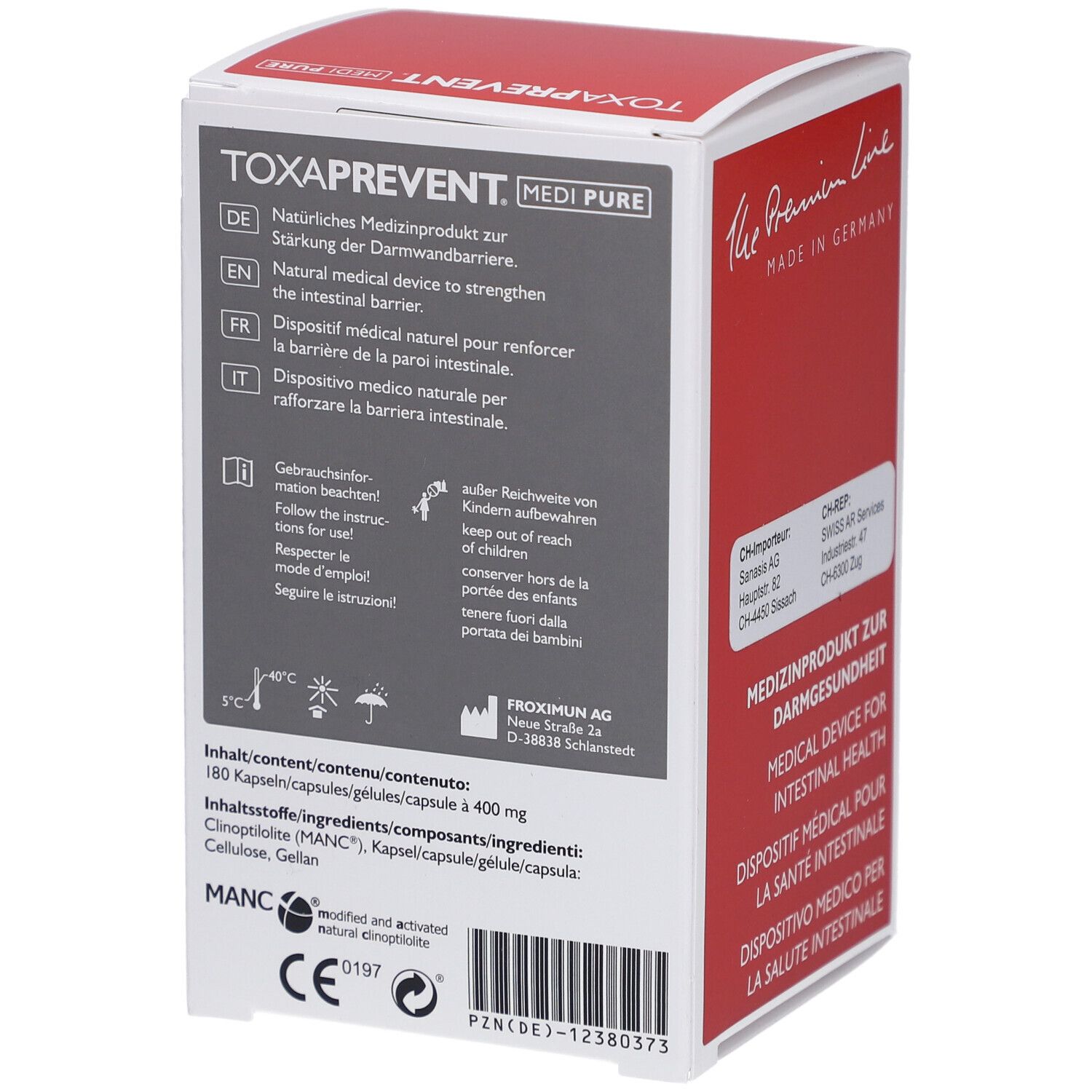 Rückseite der TOXAPREVENT MEDI PURE Verpackung. Enthält Produktinformationen, Inhaltsstoffe, Warnhinweise und CE-Kennzeichnung.