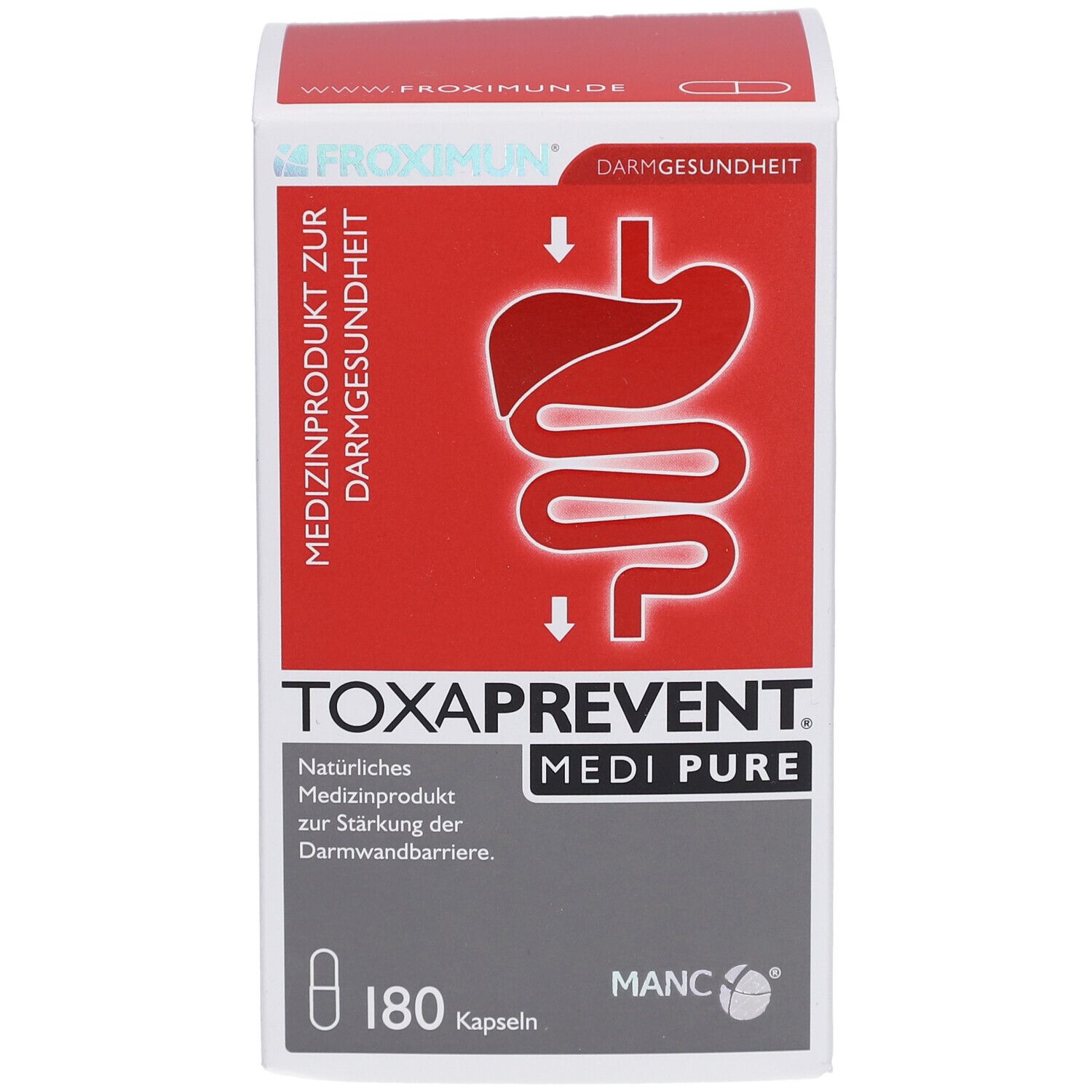 Karton TOXAPREVENT MEDI PURE. Rote und weiße Verpackung mit Produktinformationen und 180 Kapseln.