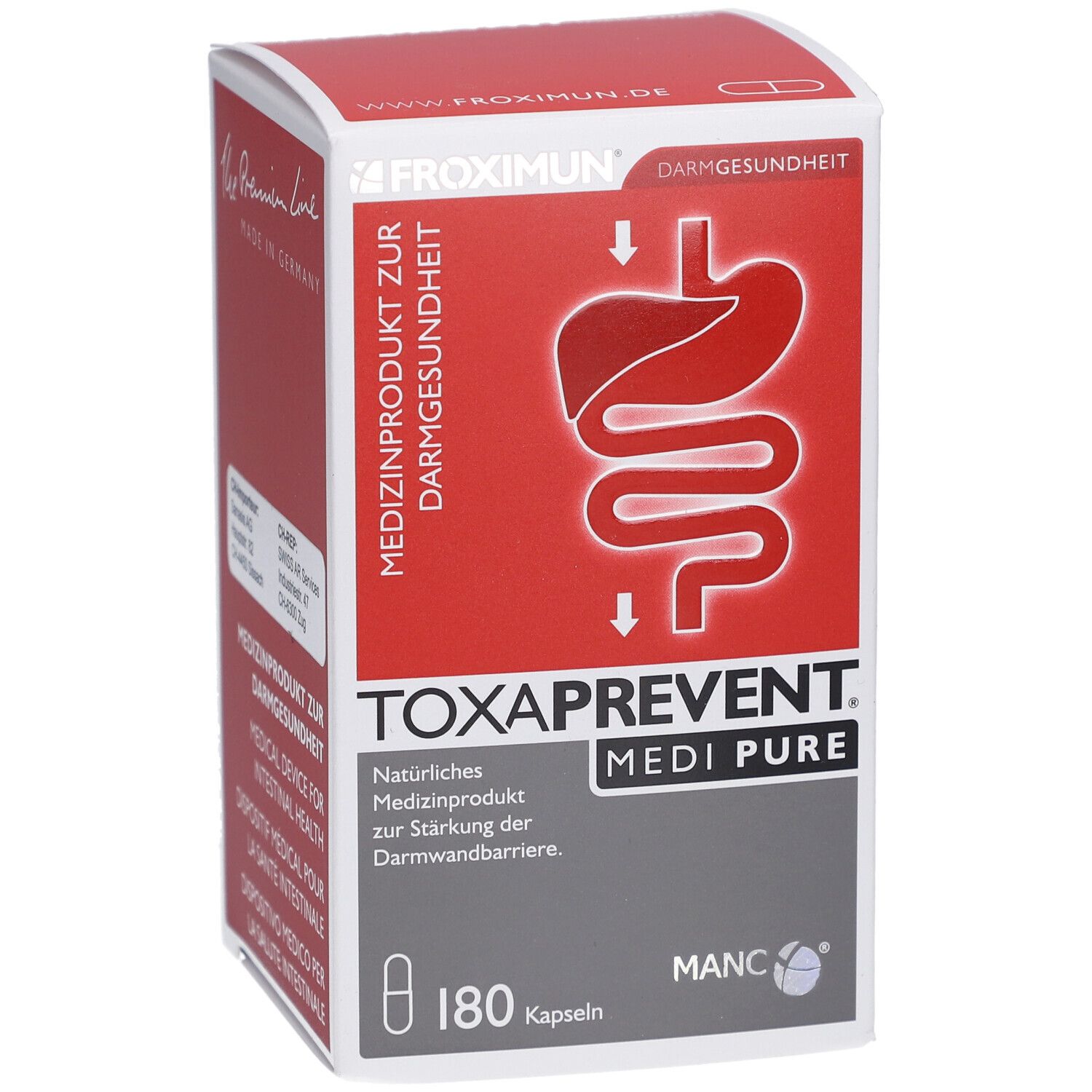 Karton TOXAPREVENT MEDI PURE. Rote und weiße Verpackung mit Produktinformationen und 180 Kapseln.
