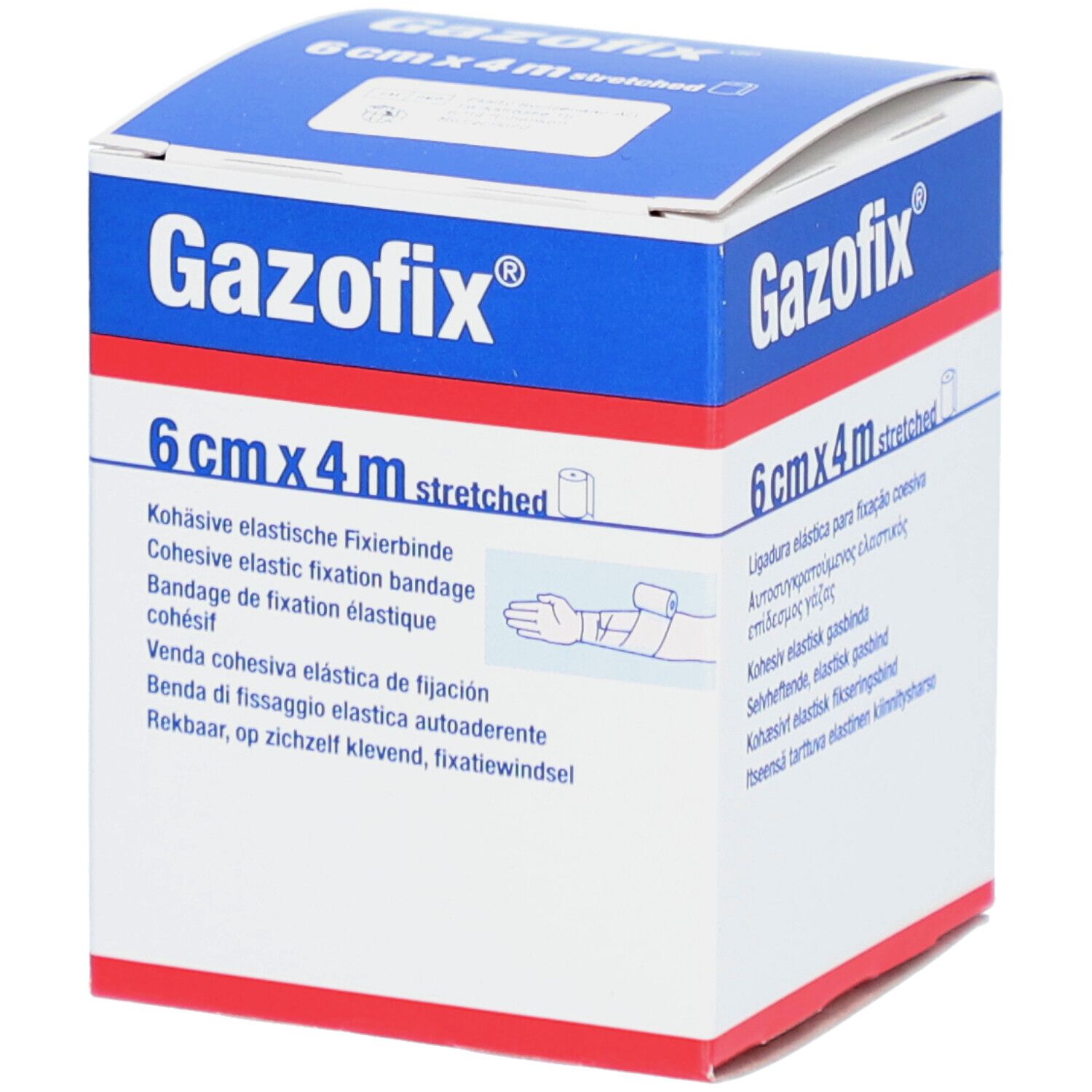 Boîte de Gazofix®. 6 cm x 4 m, étiré. Bande de fixation élastique cohésive. Illustration d'un bandage sur un bras.
