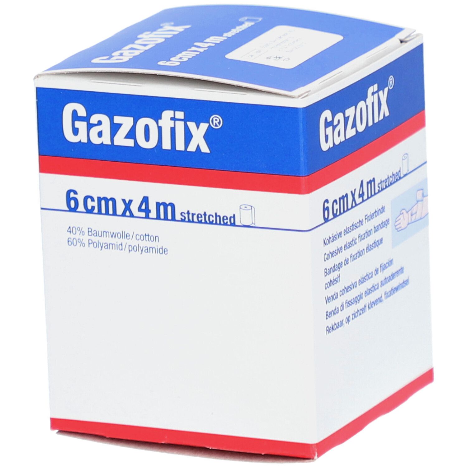 Boîte de Gazofix®. 6 cm x 4 m, étiré. 40% coton, 60% polyamide. Bande de fixation élastique cohésive.