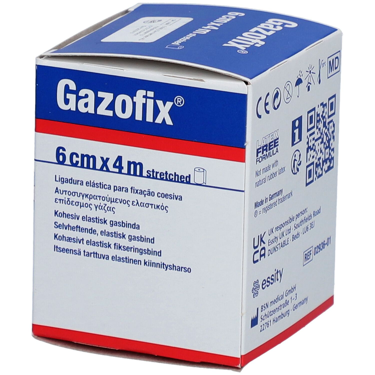 Boîte de Gazofix®. 6 cm x 4 m, étiré. Inscriptions multilingues. Informations fabricant et code QR.