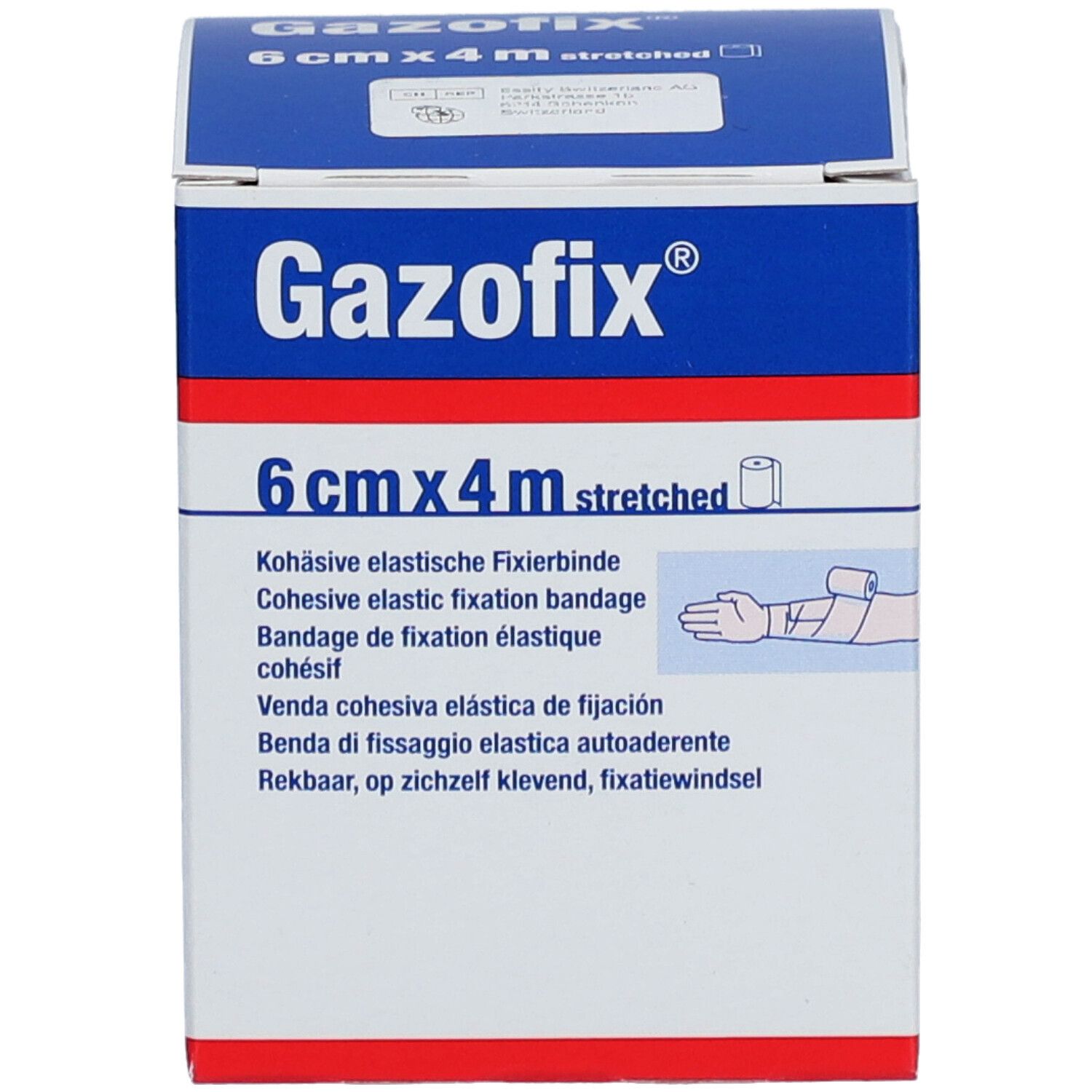 Boîte de Gazofix®. 6 cm x 4 m, étiré. Bande de fixation élastique cohésive. Illustration d'un bandage sur un bras.