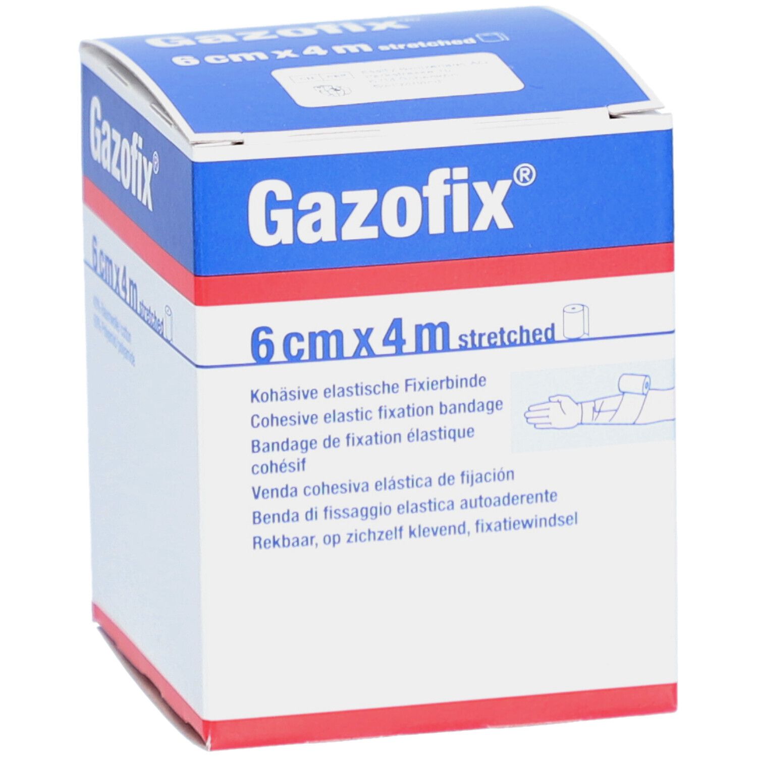 Boîte de Gazofix®. 6 cm x 4 m, étiré. Bande de fixation élastique cohésive. Illustration d'un bandage sur un bras.