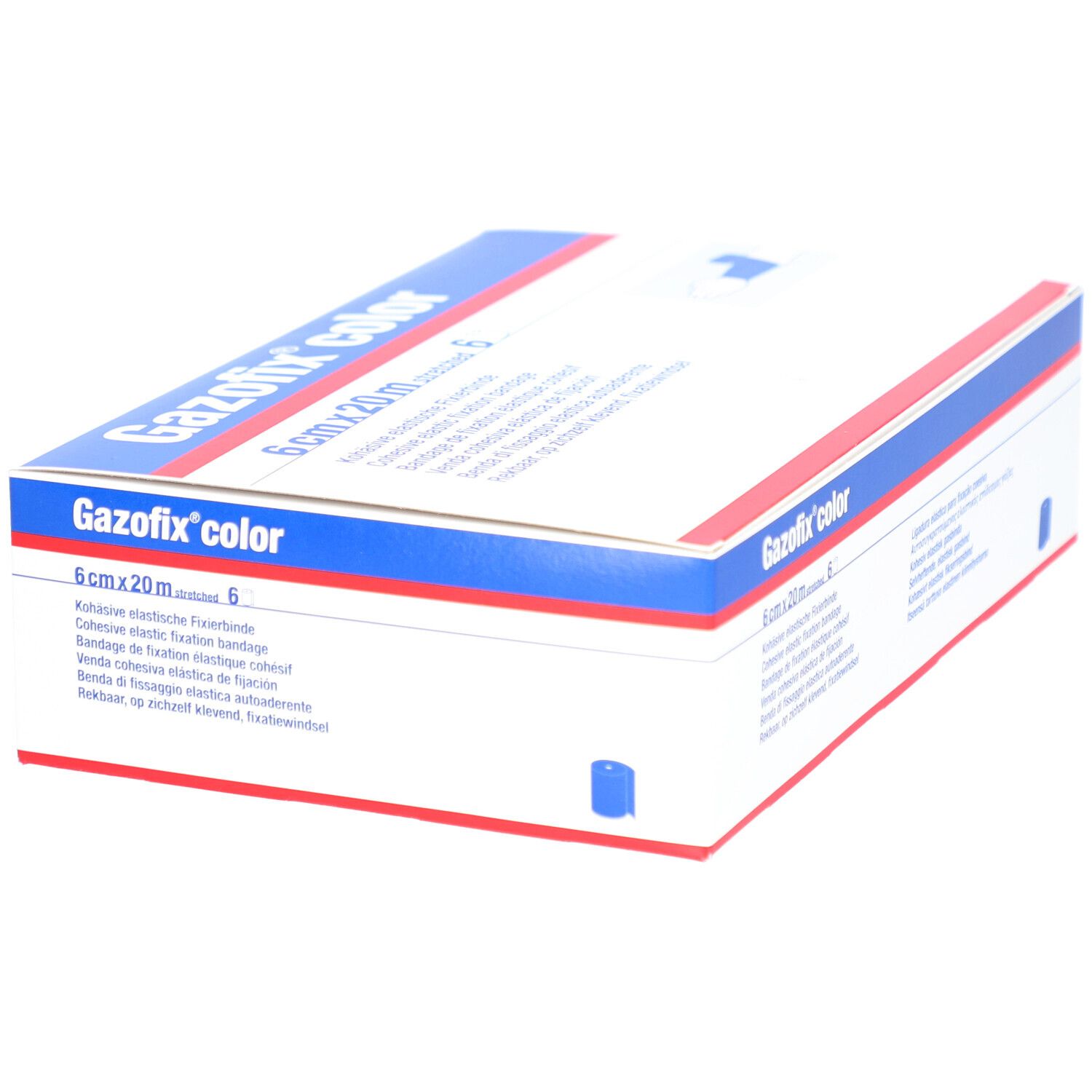 Gazofix® color, blaue Fixierbinde, 6 cm x 20 m, in Verpackung. Aufschrift: 6 cm x 20 m, Gazofix® color.