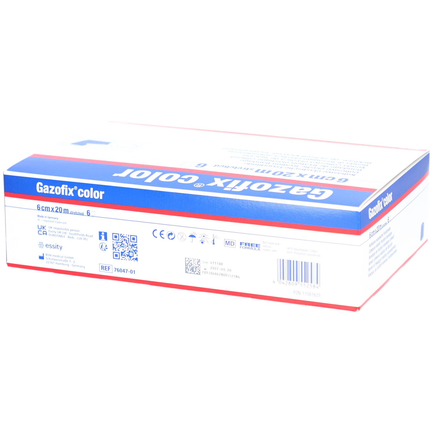 Gazofix® color, 6 cm x 20 m, blaue Fixierbinde in Verpackung. Aufschrift: 6 cm x 20 m, Gazofix® color.