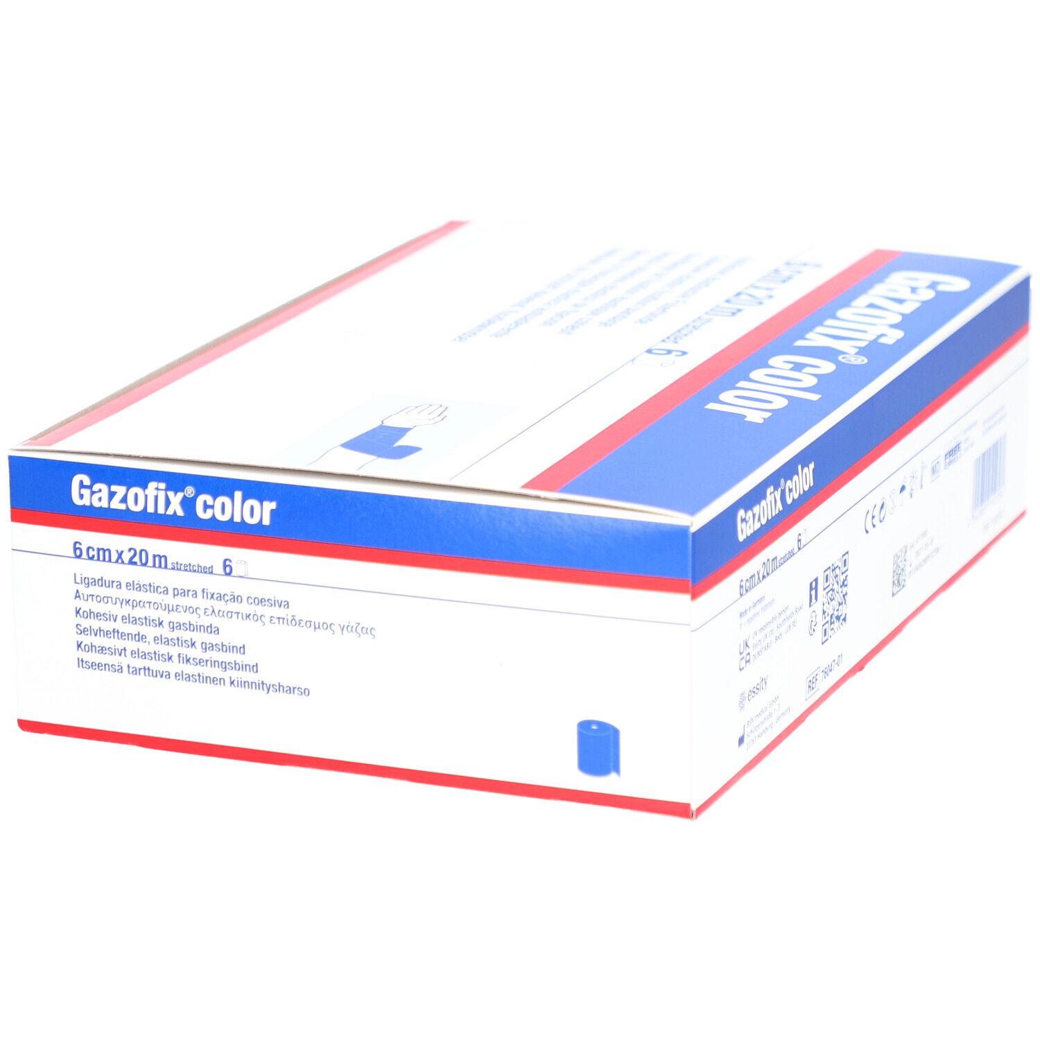 Gazofix® color, blaue Fixierbinde, 6 cm x 20 m, in Verpackung. Aufschrift: 6 cm x 20 m, Gazofix® color.