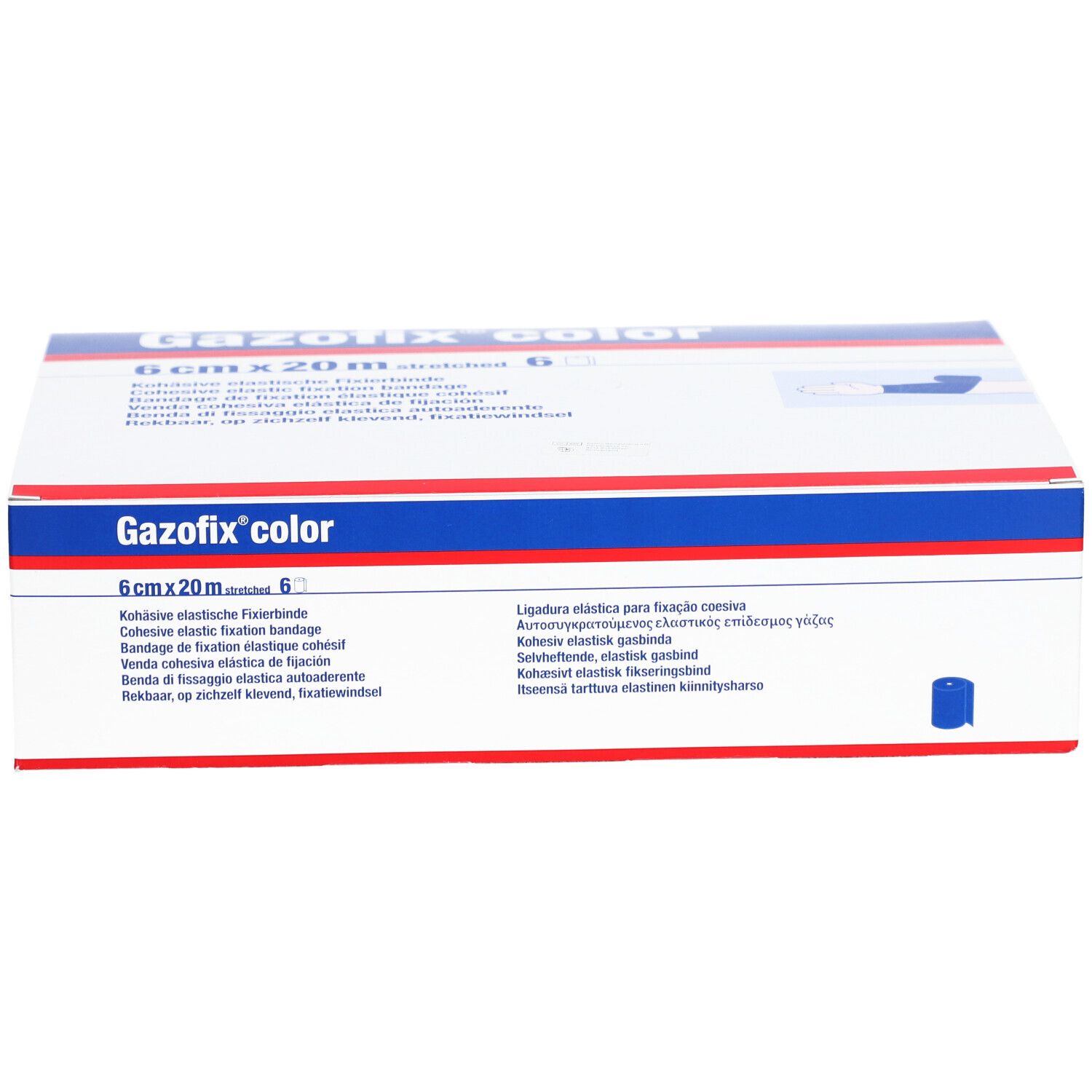 Gazofix® color, blaue Fixierbinde, 6 cm x 20 m, in Verpackung. Aufschrift: 6 cm x 20 m, Gazofix® color.