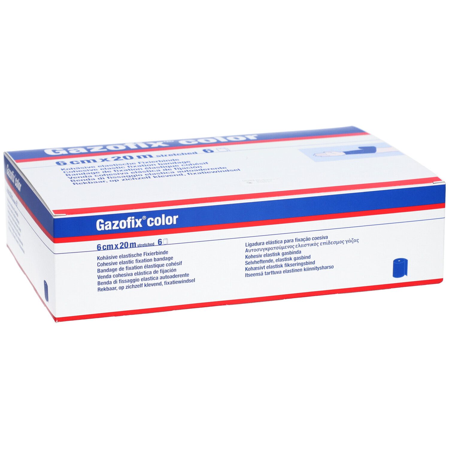 Gazofix® color, blaue Fixierbinde, 6 cm x 20 m, in Verpackung. Aufschrift: 6 cm x 20 m, Gazofix® color.