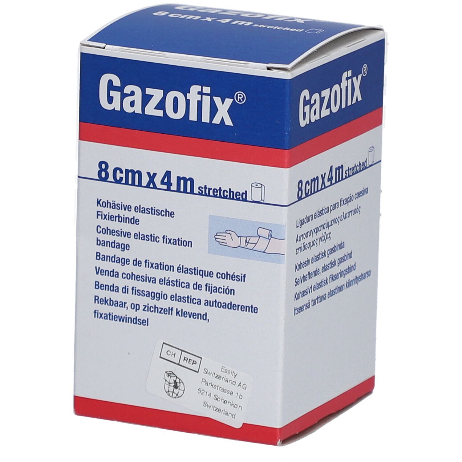 Emballage Gazofix®. 8 cm x 4 m, étiré. Bande de fixation élastique cohésif. Boîte avec informations et logo.