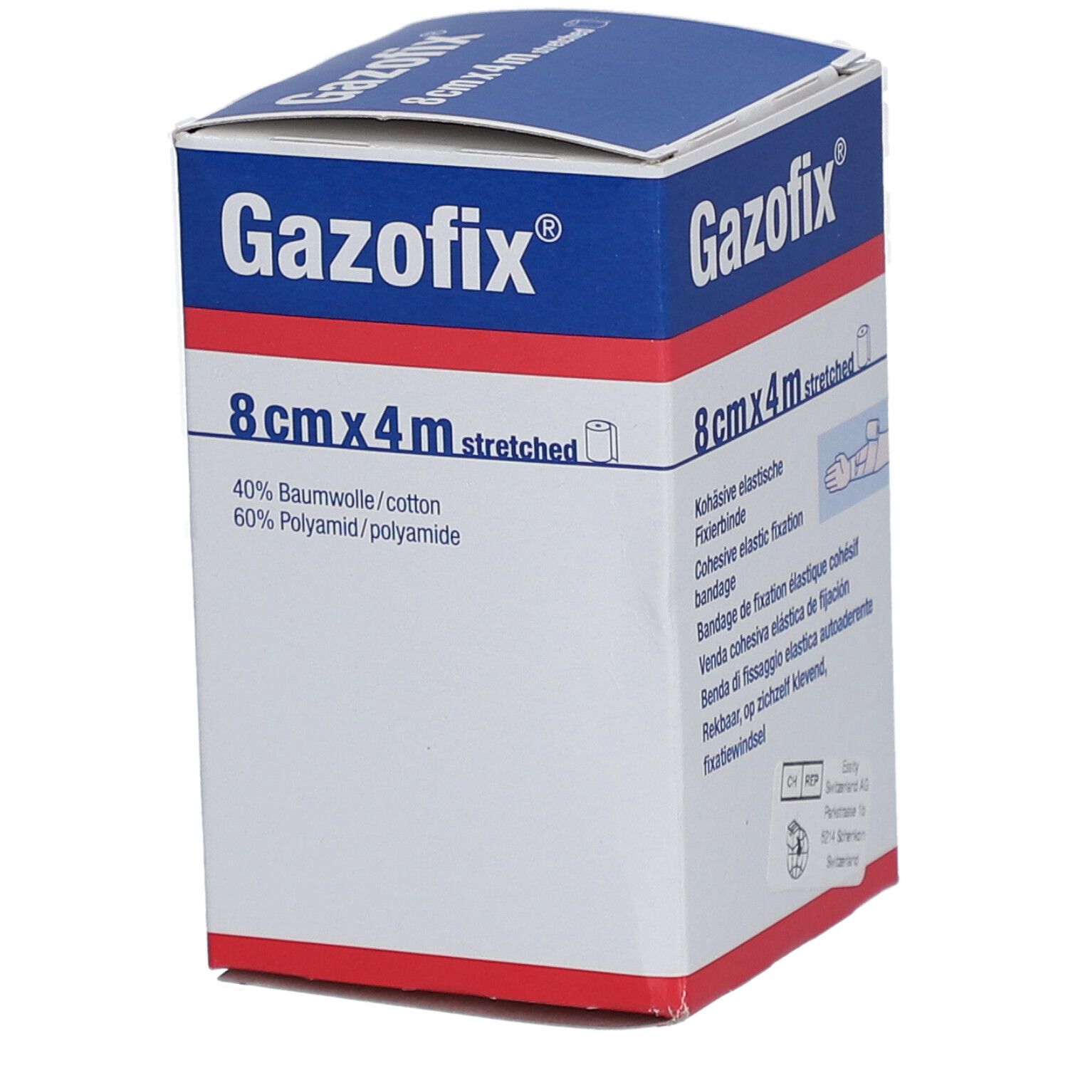 Emballage Gazofix®. 8 cm x 4 m, étiré. 40% coton, 60% polyamide. Boîte avec informations et logo.