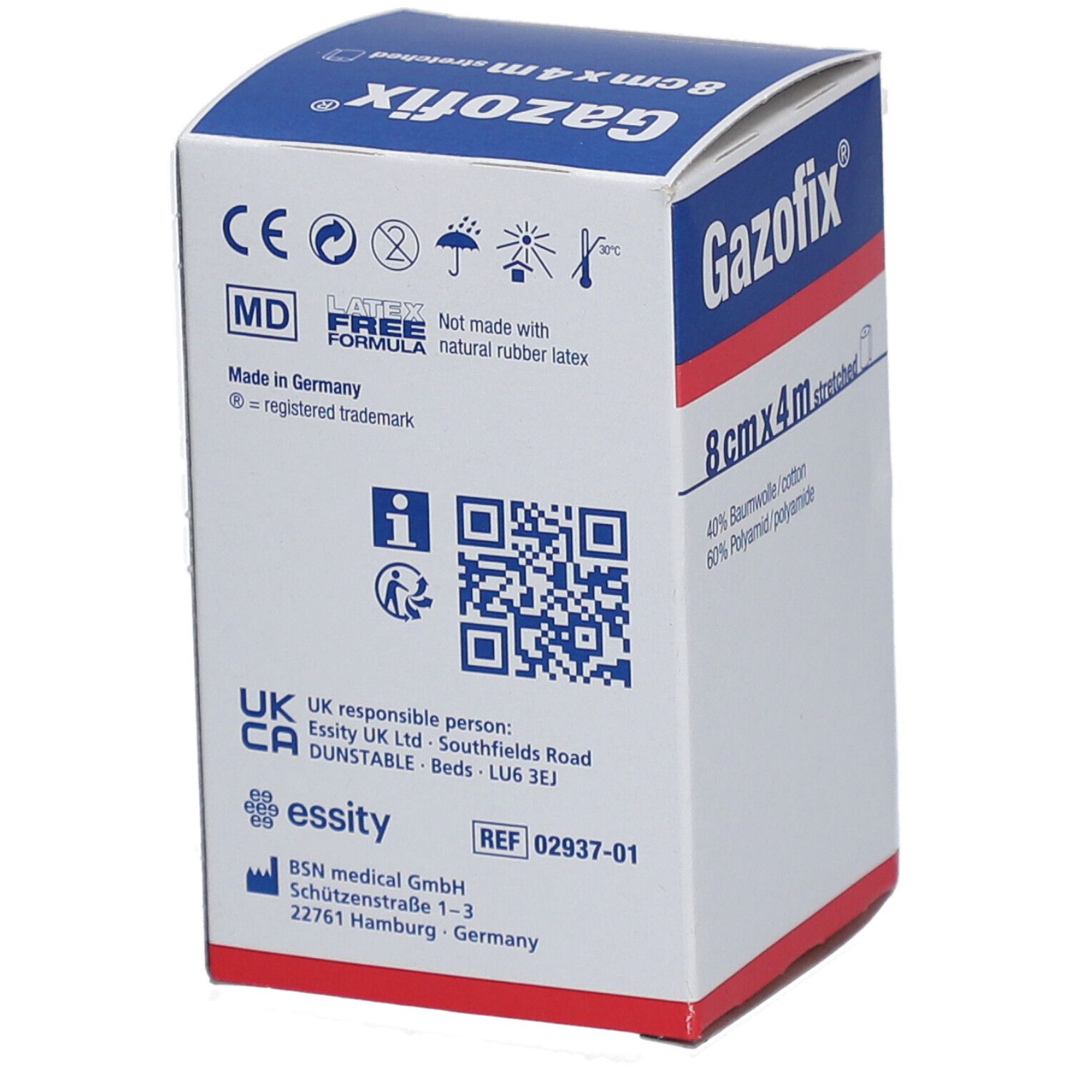 Emballage Gazofix®. 8 cm x 4 m, étiré. Dispositif médical. Sans latex. Boîte avec informations, logos et QR code.