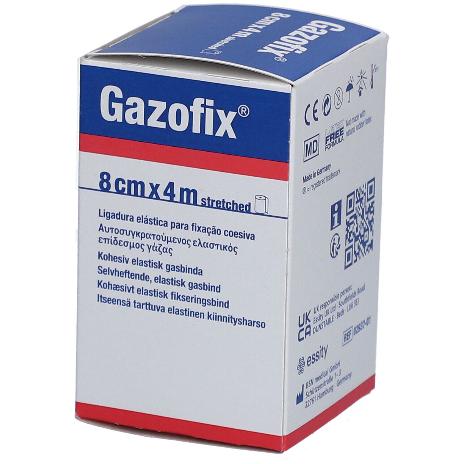 Emballage Gazofix®. 8 cm x 4 m, étiré. Boîte avec informations produit en plusieurs langues et logo.