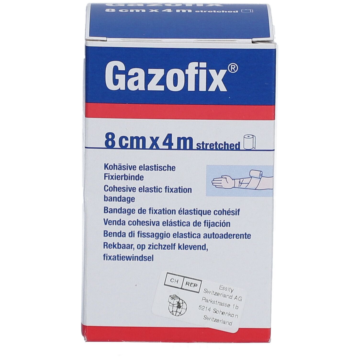 Emballage Gazofix®. 8 cm x 4 m, étiré. Bande de fixation élastique cohésif. Boîte avec informations et logo.