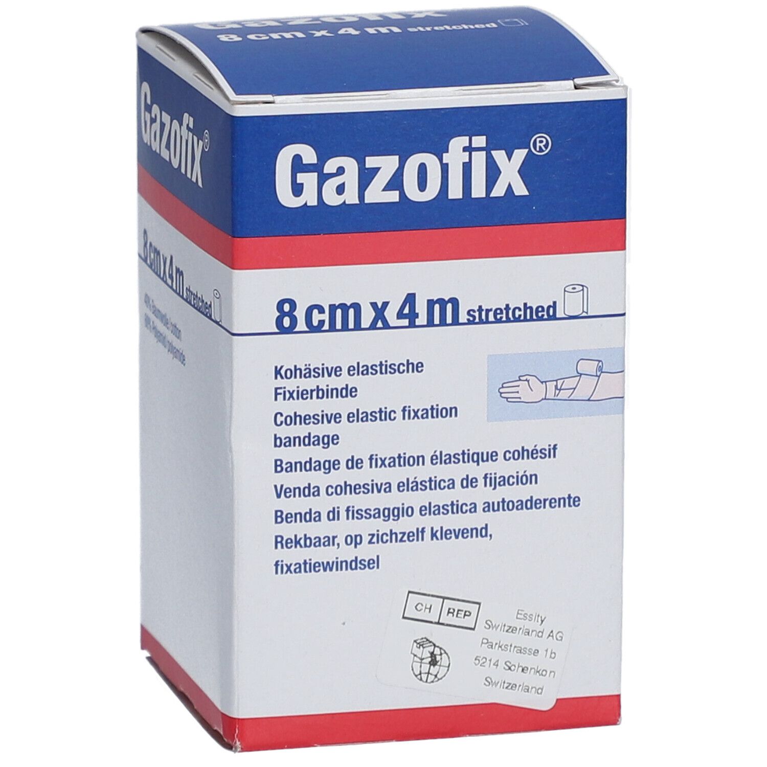 Emballage Gazofix®. 8 cm x 4 m, étiré. Bande de fixation élastique cohésif. Boîte avec informations et logo.