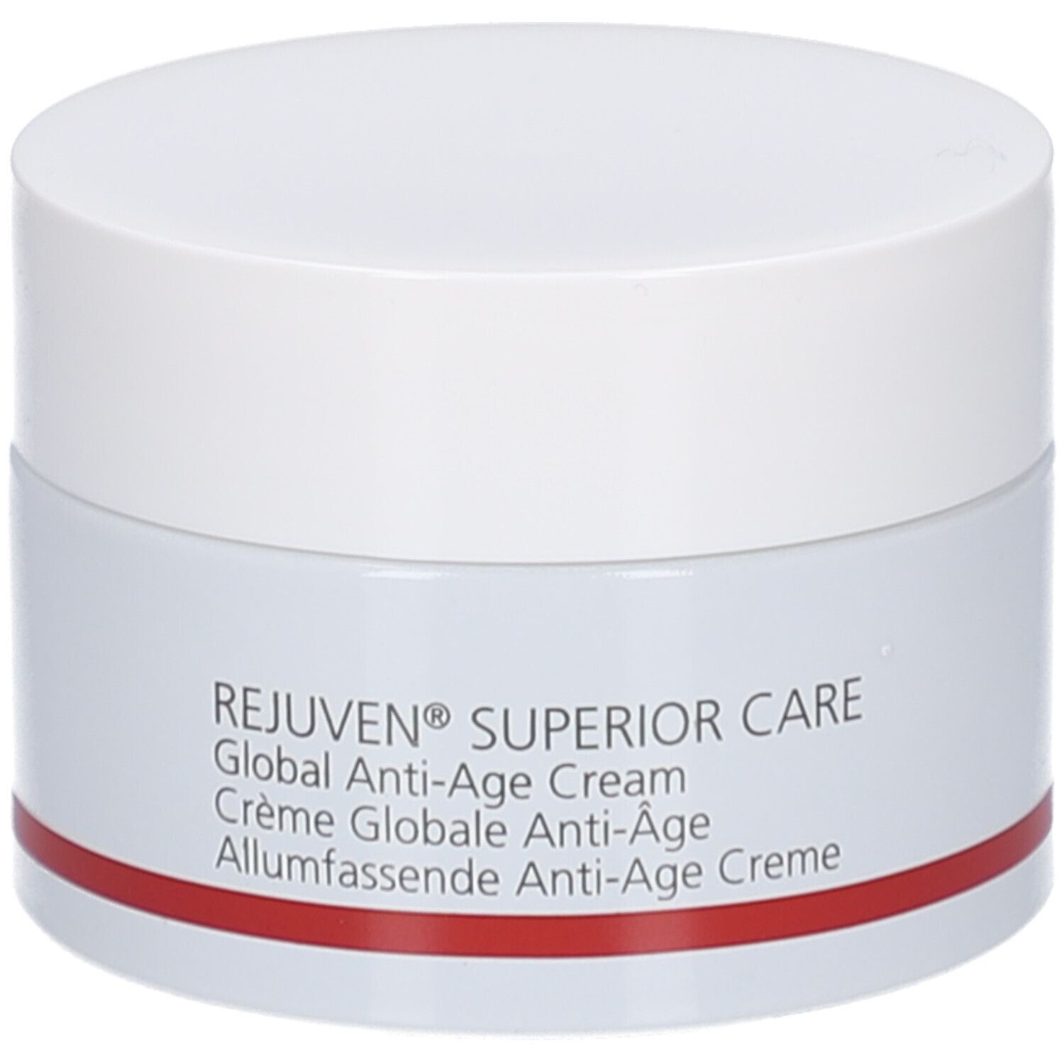 Creme-Tiegel mit weißem Deckel. Aufschrift: REJUVEN® Superior Care, Global Anti-Age Cream. Roter Streifen.