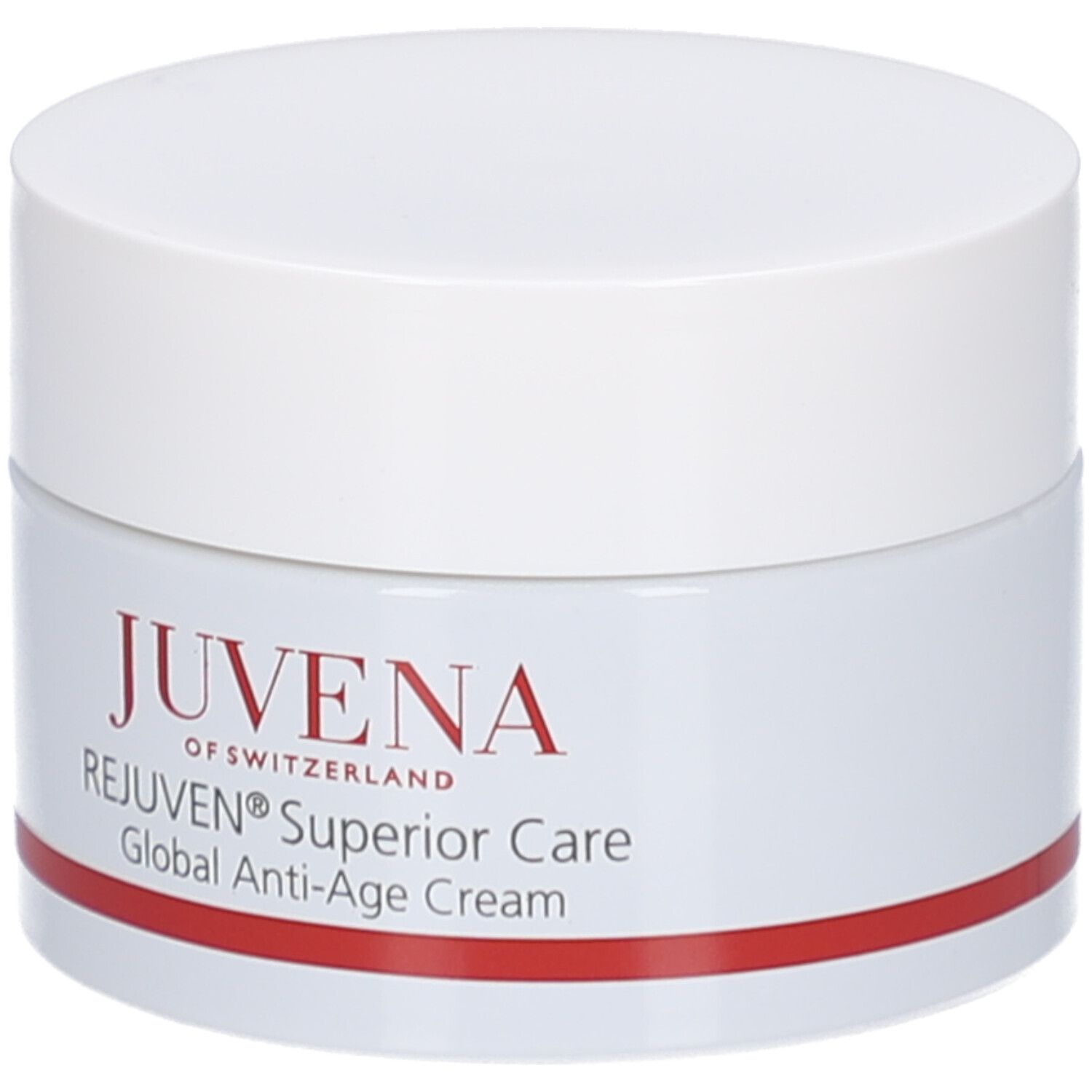 Creme-Tiegel mit weißem Deckel. Aufschrift: JUVENA, REJUVEN® Superior Care, Global Anti-Age Cream. Roter Streifen.