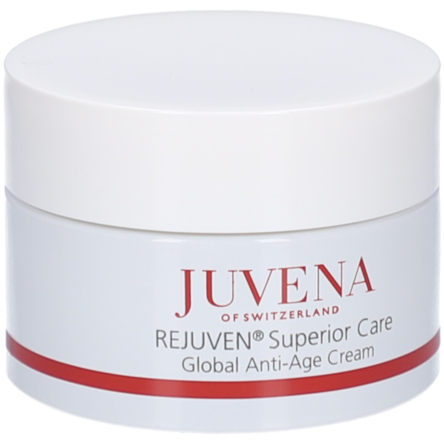 Creme-Tiegel mit weißem Deckel. Aufschrift: JUVENA, REJUVEN® Superior Care, Global Anti-Age Cream. Roter Streifen.