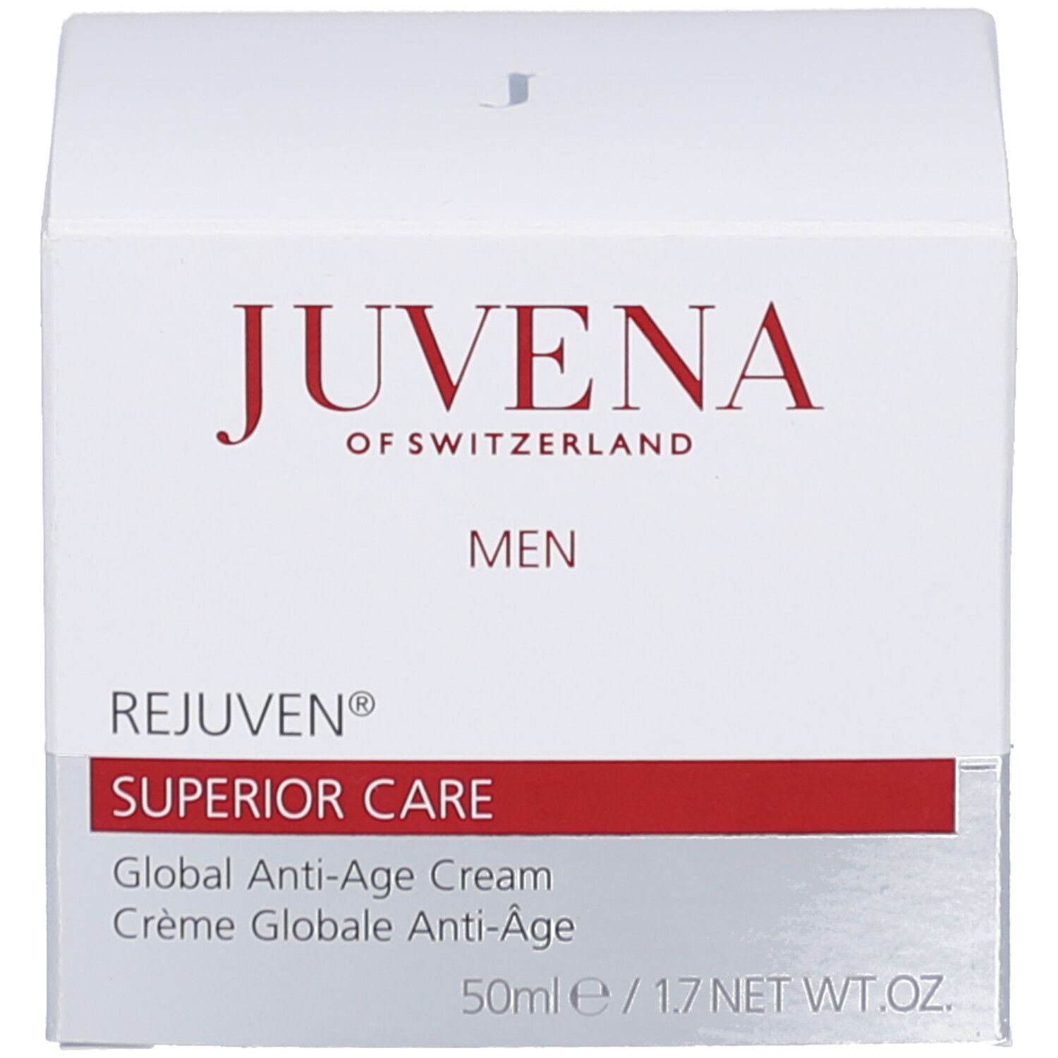 Creme-Tiegel mit weißem Deckel und Verpackung. Aufschrift: JUVENA, MEN, REJUVEN® Superior Care. Roter Streifen.