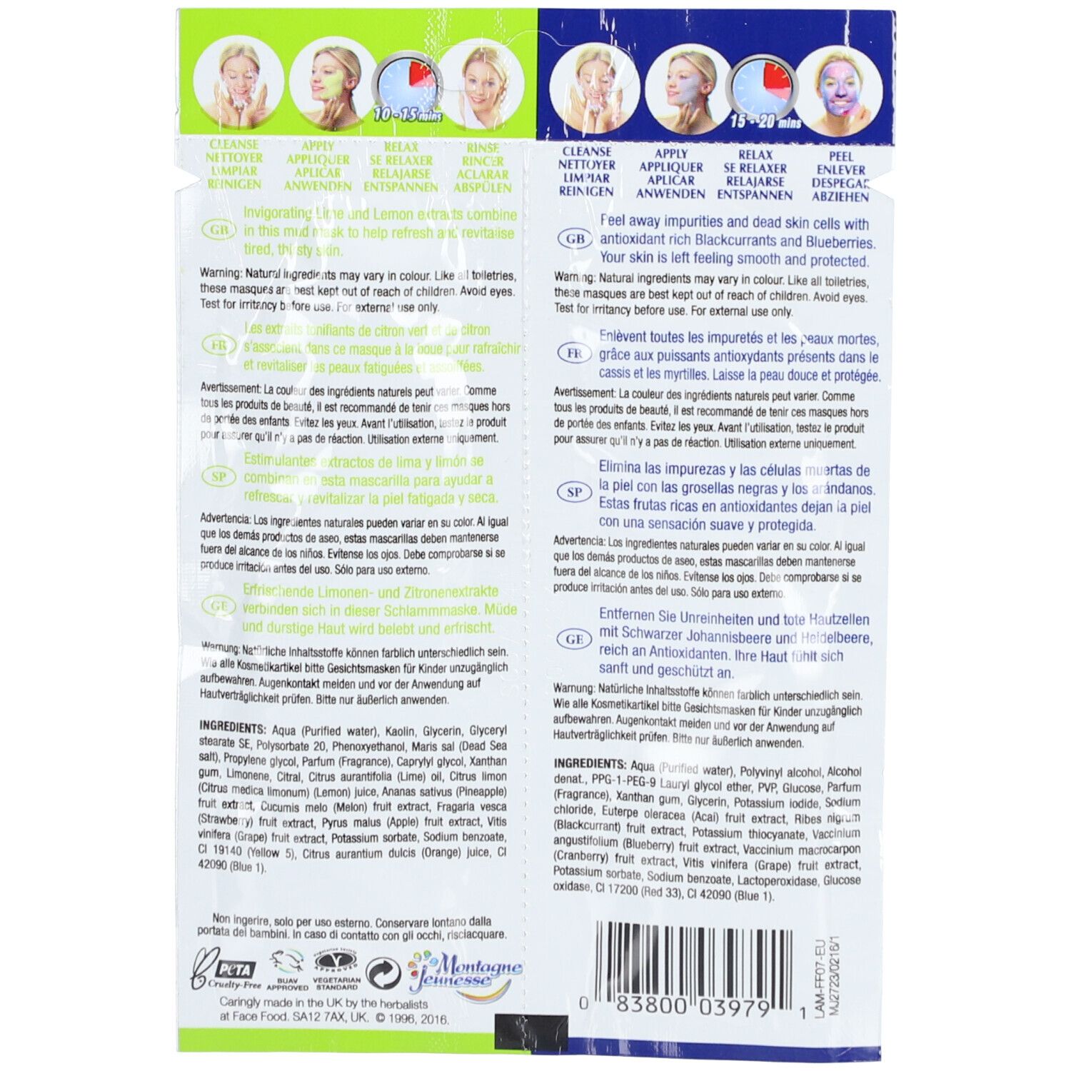 Dos du paquet de masques. Texte en plusieurs langues, ingrédients, instructions d'utilisation et avertissements.