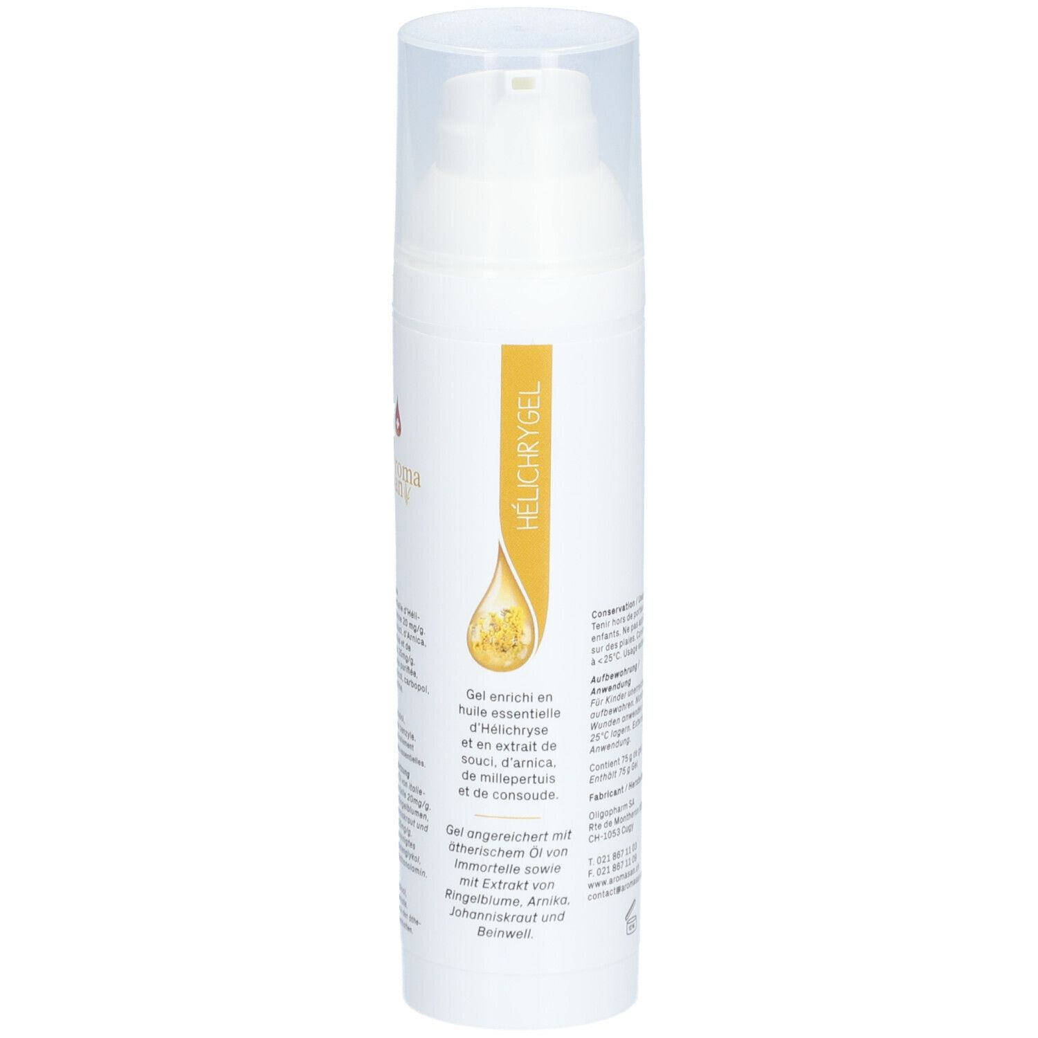 Witte fles met pomp. Gel met helichrysumolie. Opschrift: HÉLICHRYGEL. Gel verrijkt met essentiële olie.