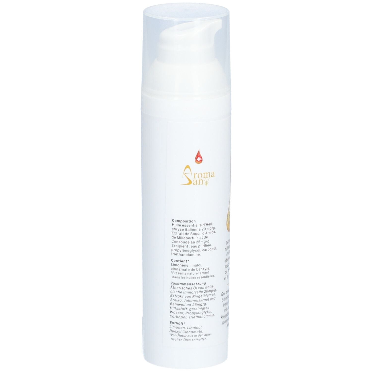 Witte fles met pomp. Opschrift: Aroma San. Gel met helichrysumolie. Tekst op de zijkant.