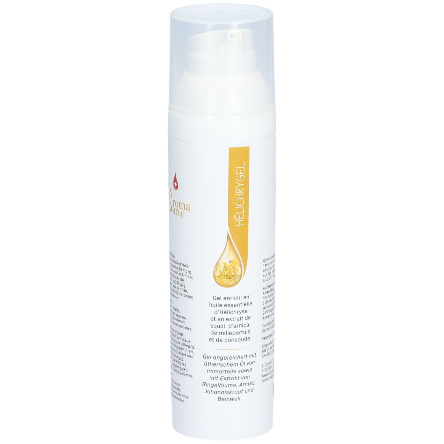 Witte fles met pomp. Opschrift: Aroma San, HÉLICHRYGEL. Gel met helichrysumolie. Tekst op de zijkant.