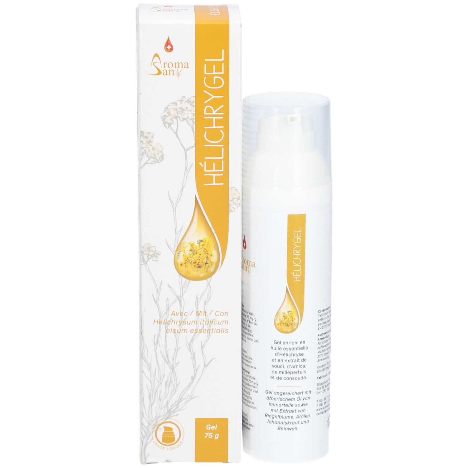 Productverpakking met fles. Opschrift: Aroma San, HÉLICHRYGEL. Gel met helichrysumolie. 75 g.